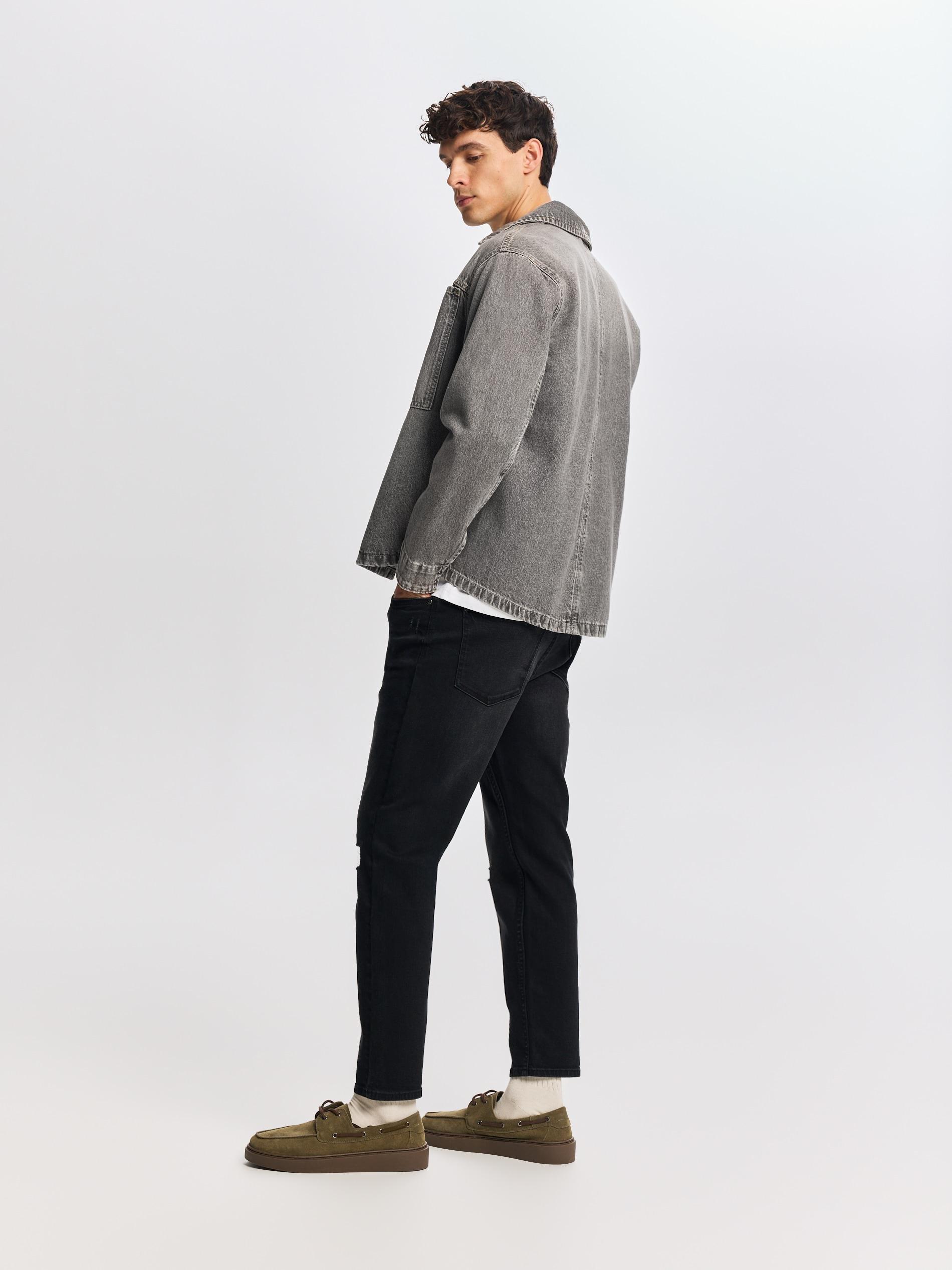 Black Distressed Carrot Slim Jeans, Black, large image number 2