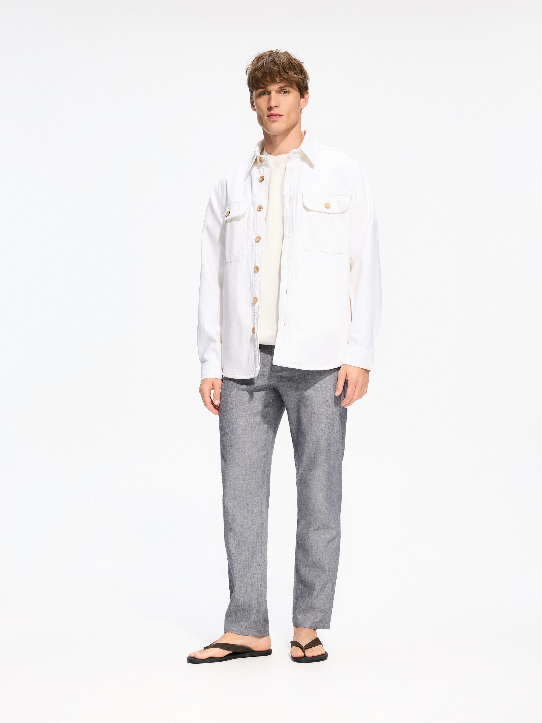 Navy Chino Slim Trousers With Linen Blend, Navy, medium