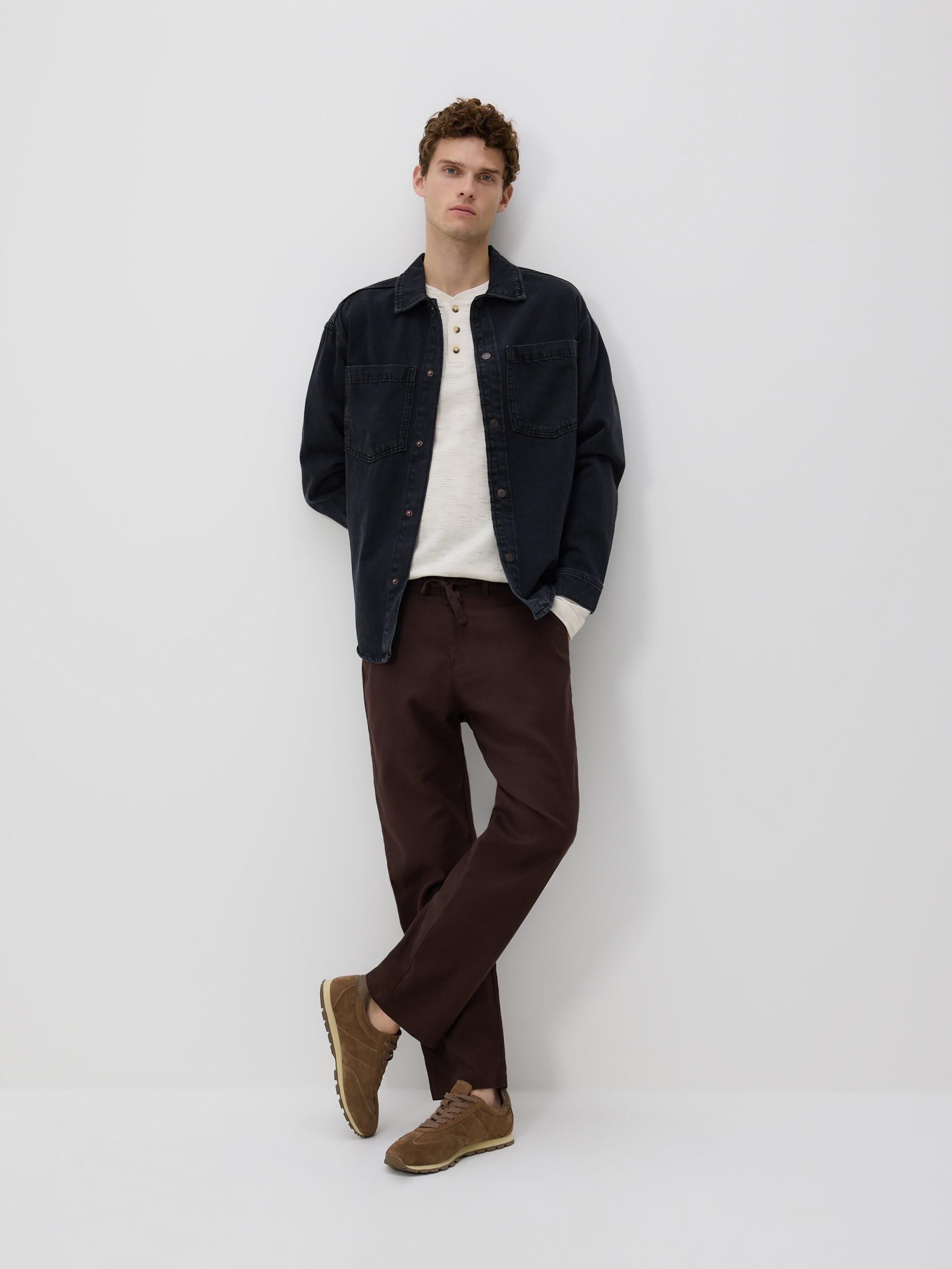 Brown Straight Linen Trousers, , large image number 1