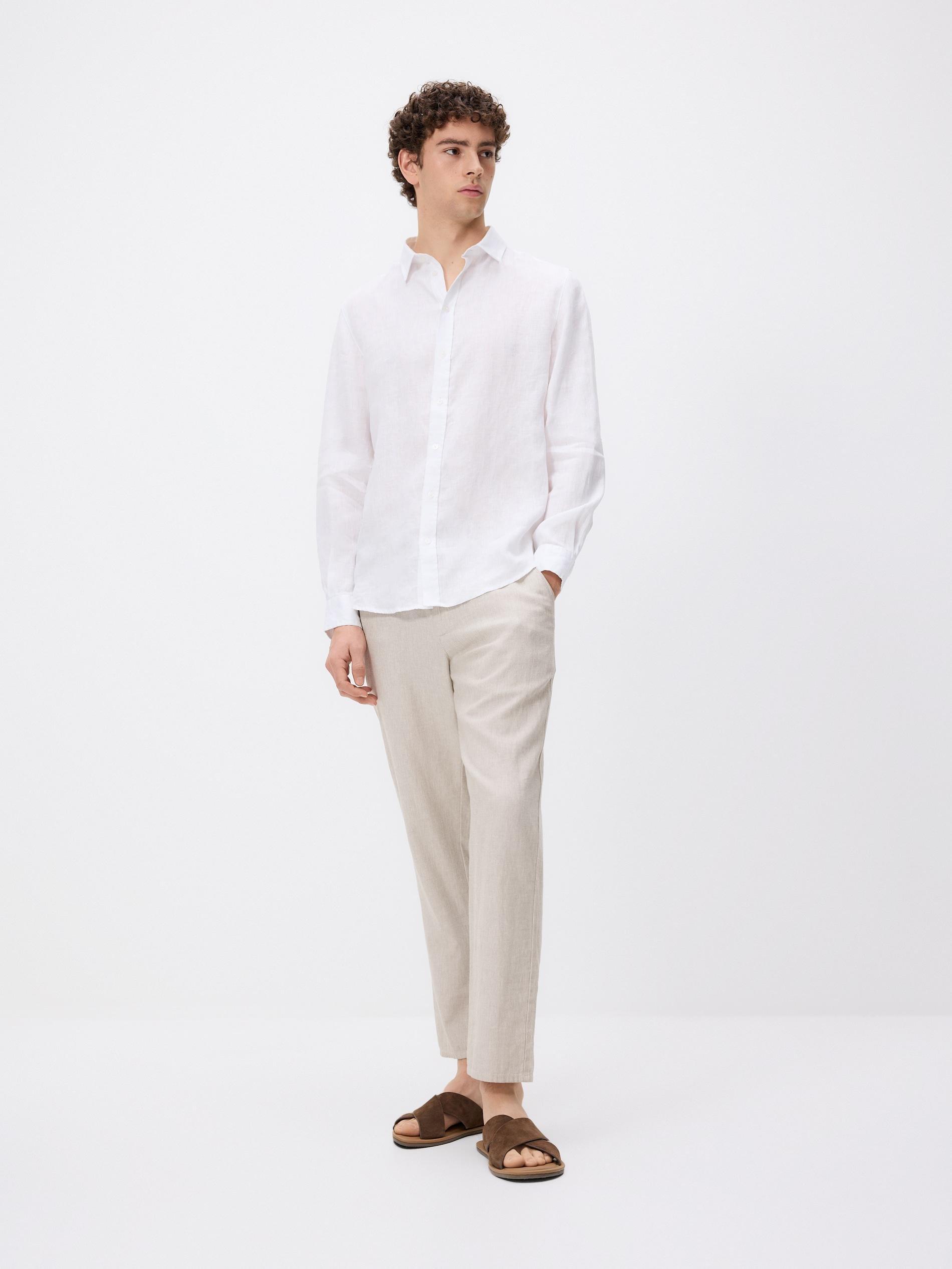 Beige Linen Blend Carrot Trousers, Beige, medium