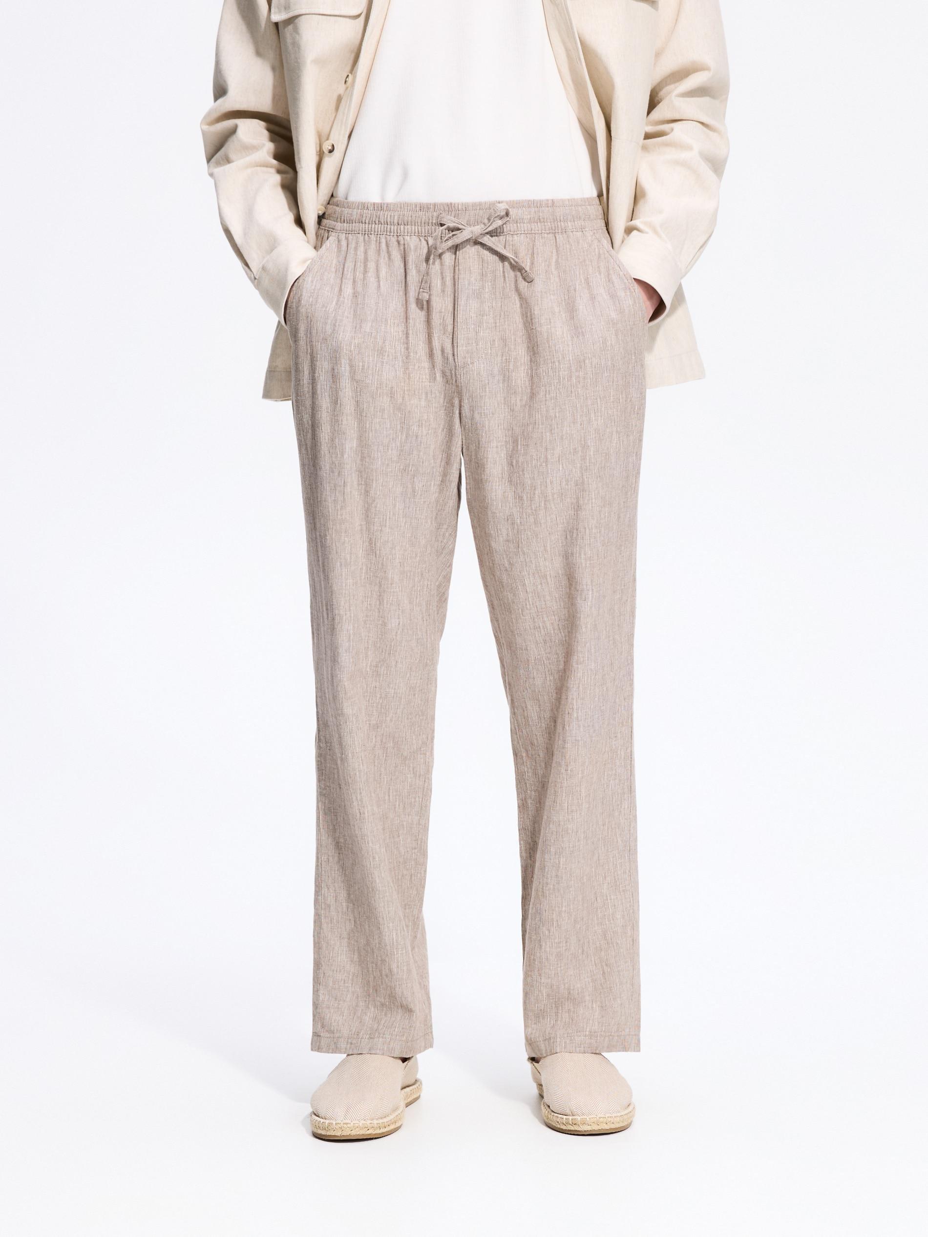 Beige Linen Blend Carrot Trousers, Beige, medium