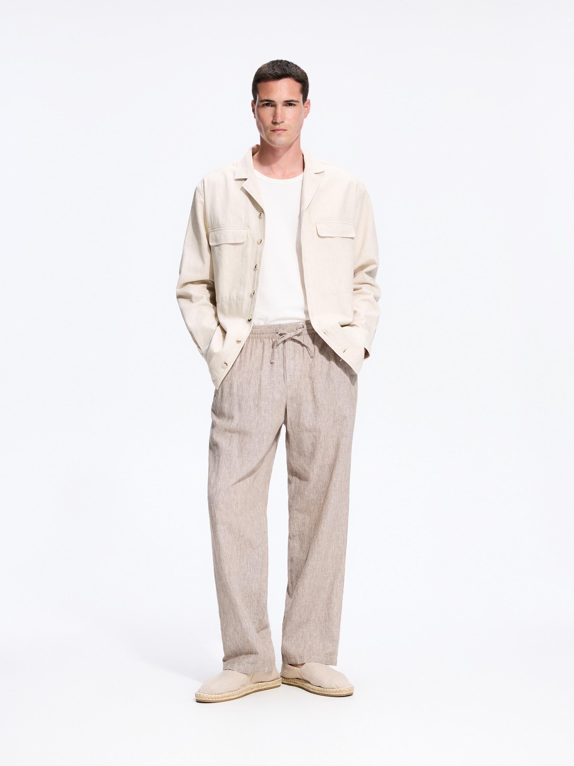 Beige Linen Blend Carrot Trousers, Beige, medium
