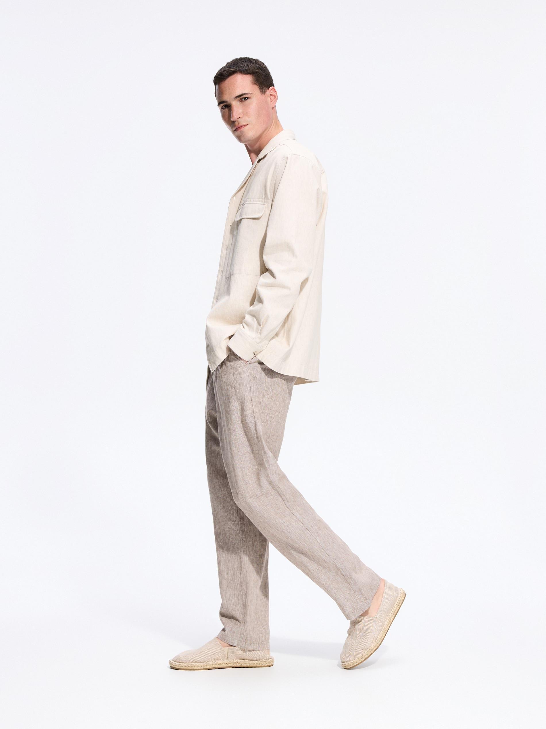 Beige Linen Blend Carrot Trousers, Beige, medium