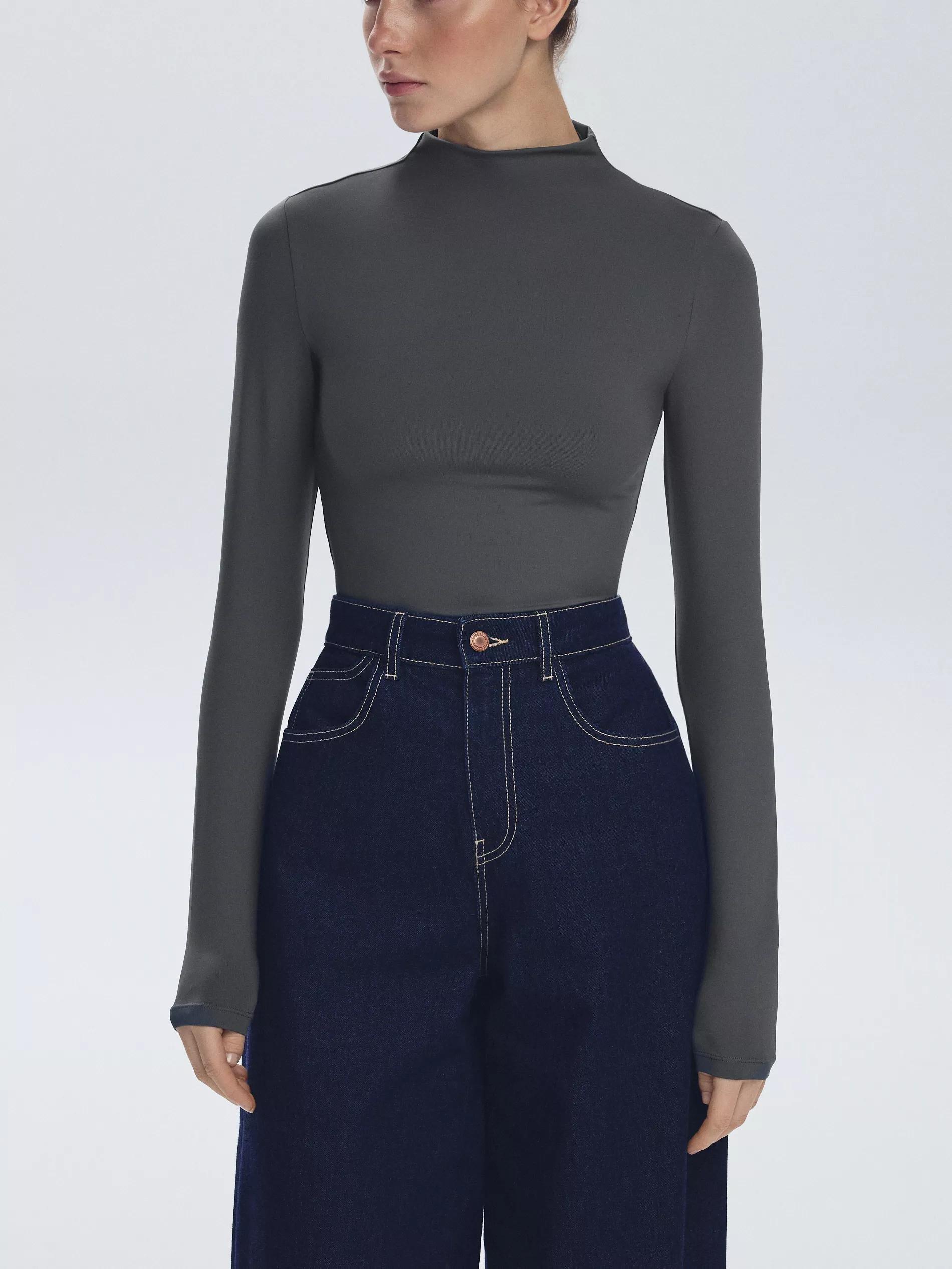 Grey Long-Sleeve With Stand-Up Collar, Grey, medium