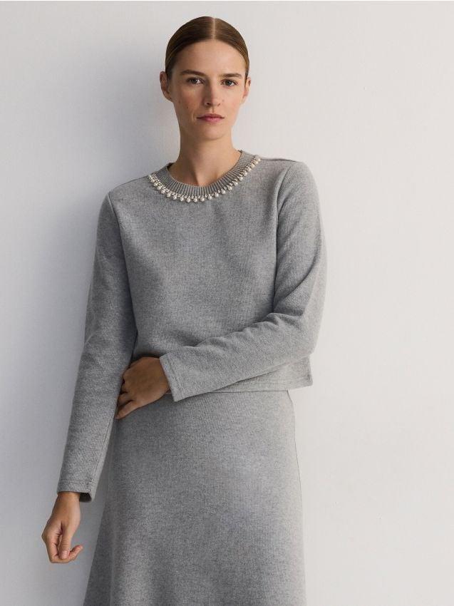 Grey Decorative Neckline Sweatshirt, , large image number 0