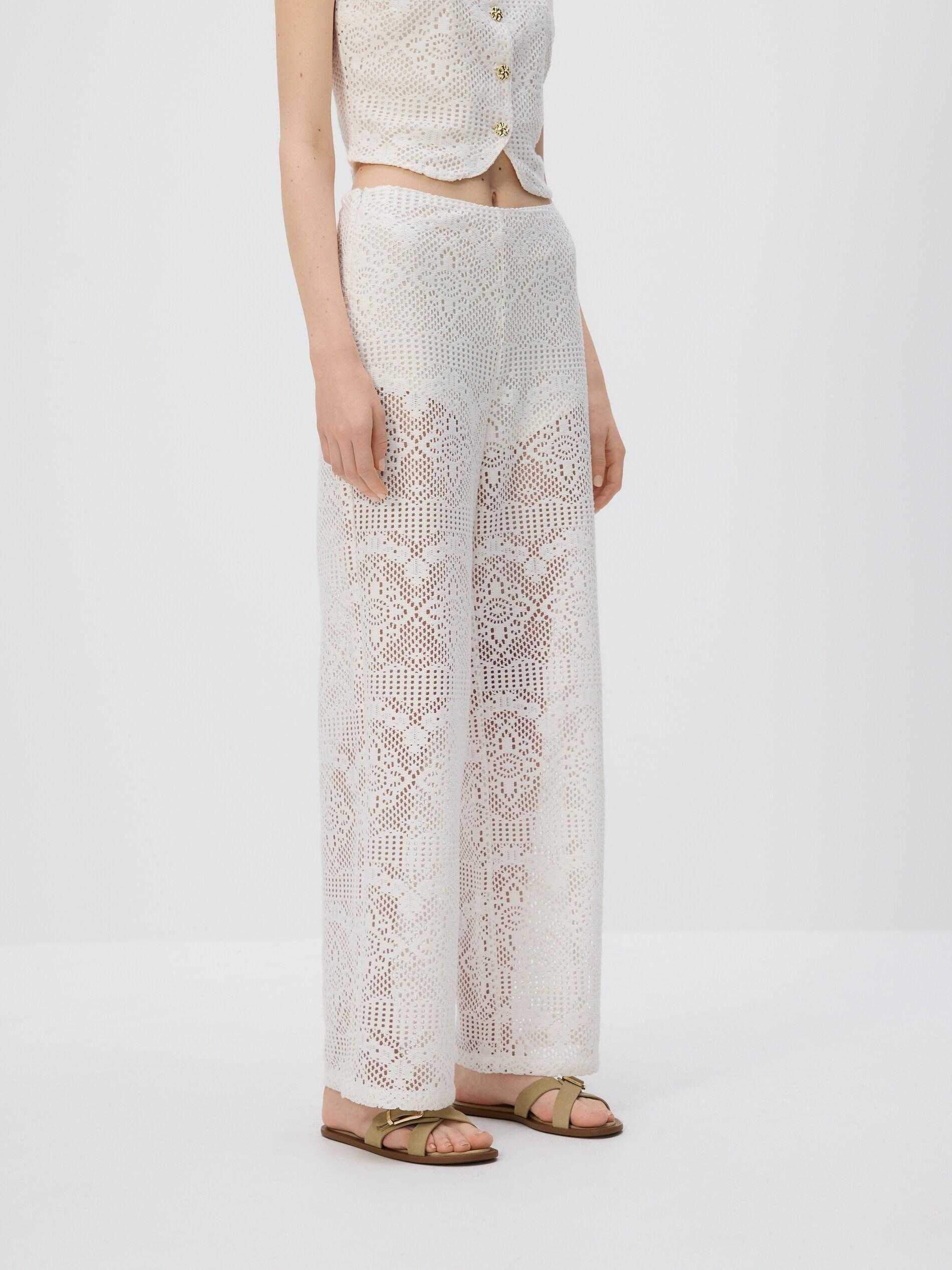 Beige Openwork Cotton Trousers, Ivory, medium