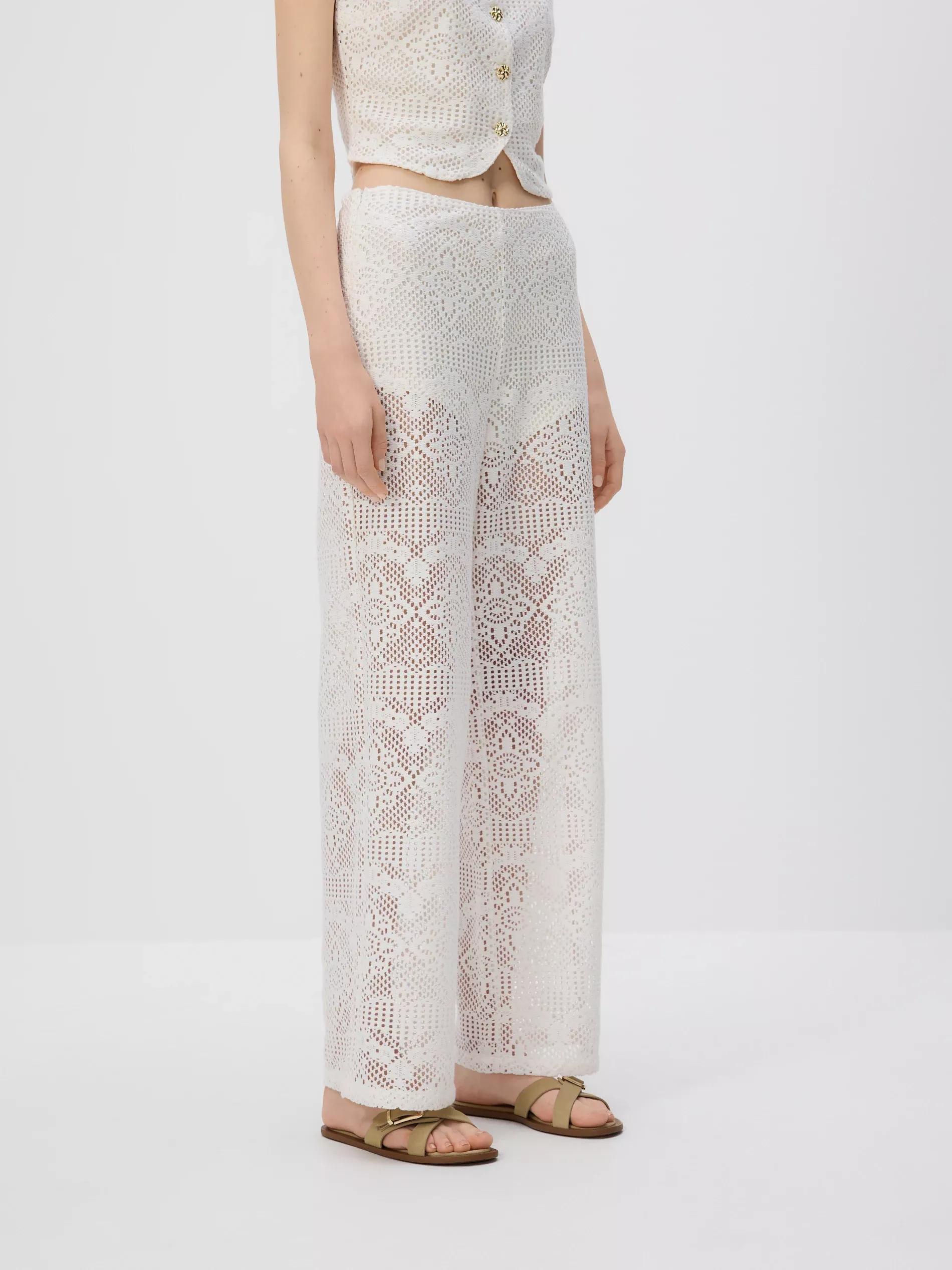 Beige Openwork Cotton Trousers, , large image number 2