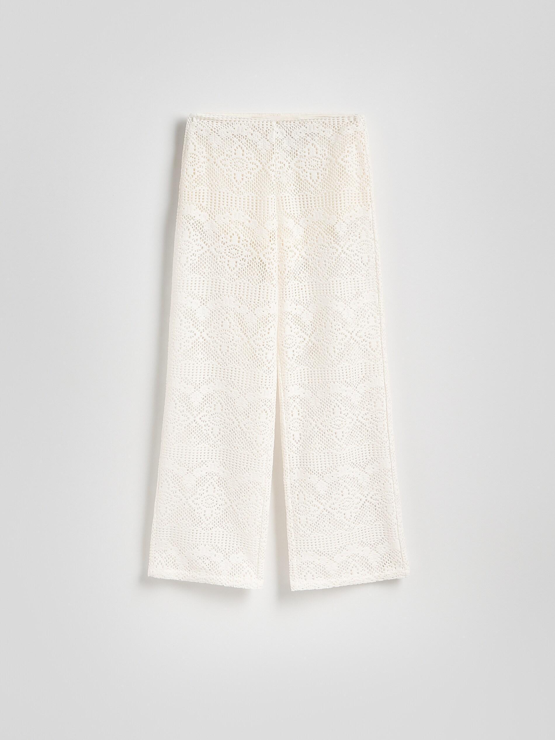 Beige Openwork Cotton Trousers, Ivory, medium
