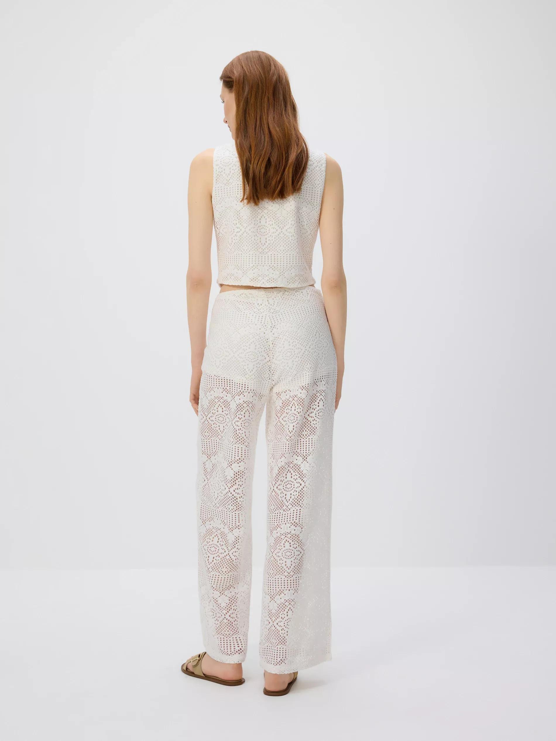 Beige Openwork Cotton Trousers, , large image number 3
