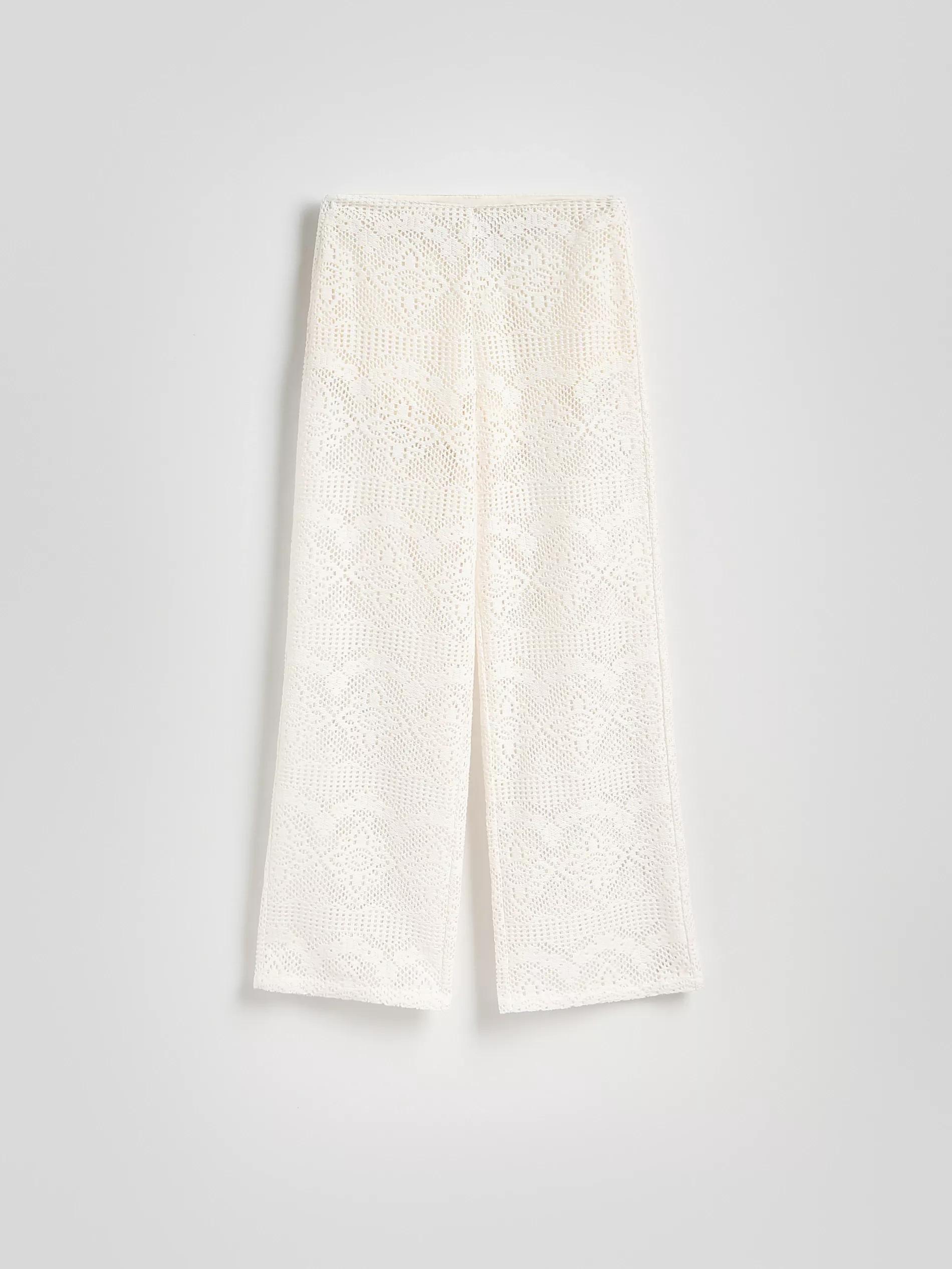 Beige Openwork Cotton Trousers, Ivory, large image number 4