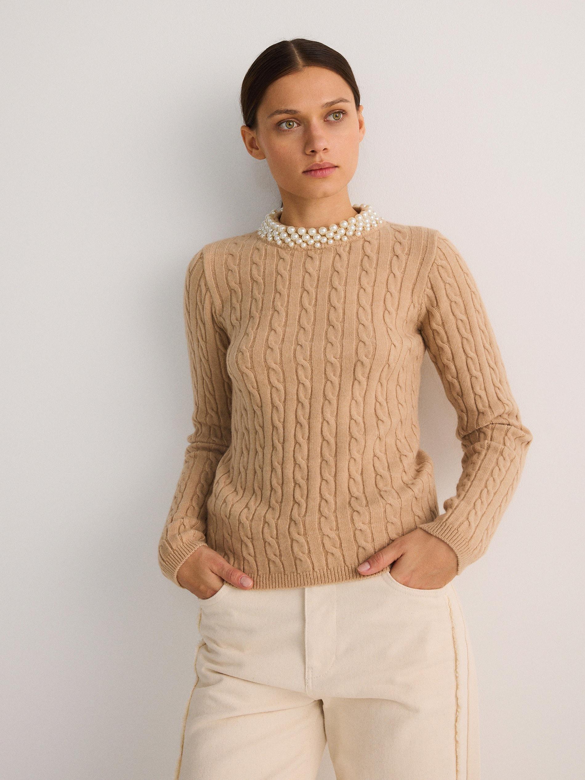 Beige Decorated Long Sleeve Sweater, , medium