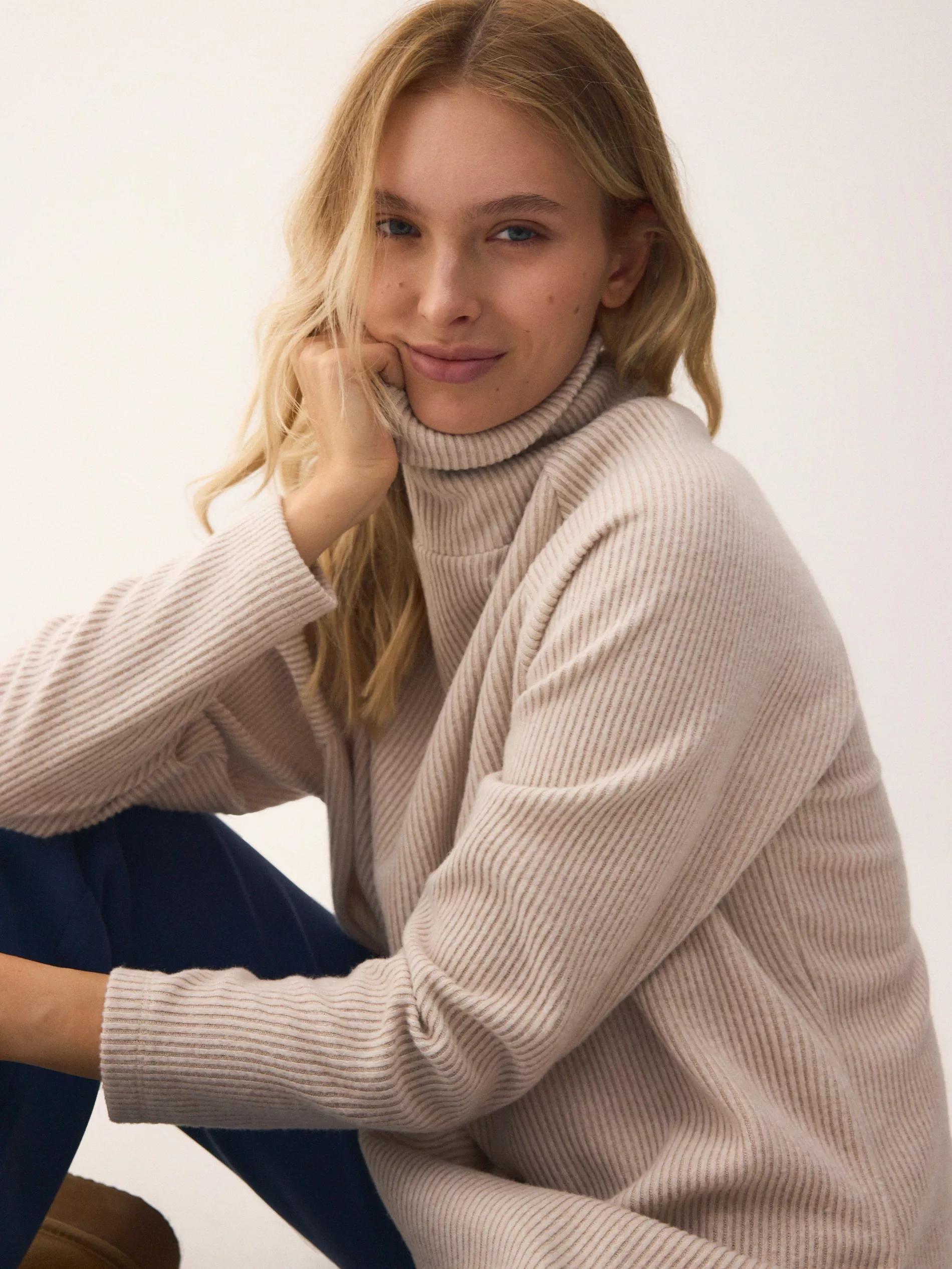 Beige Long Sweatshirt With Turtleneck, Beige, large image number 0