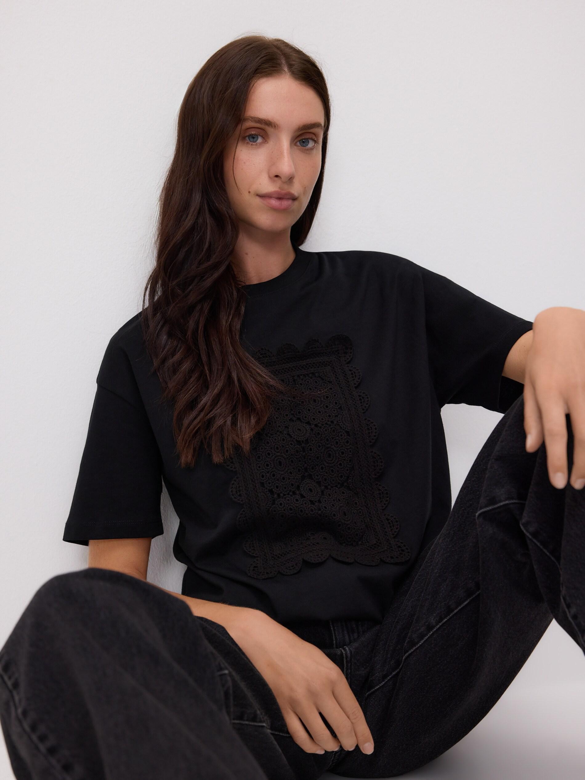 BLACK T-shirt with embroidered appliquأ©, Black, large image number 3