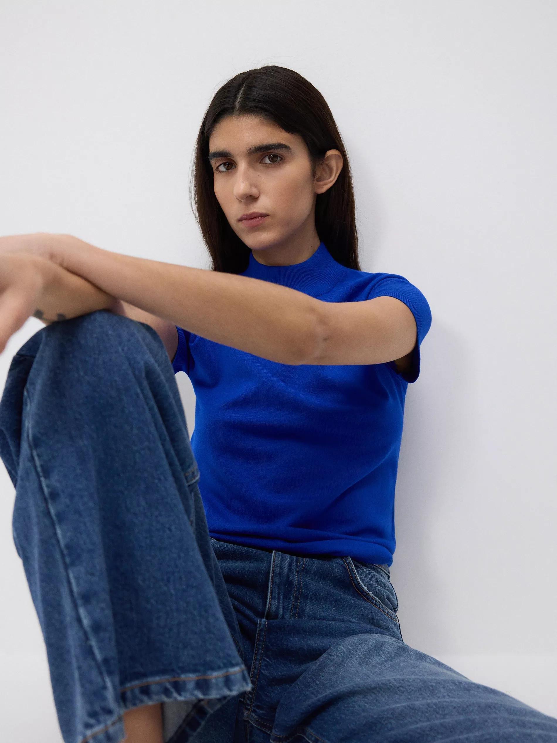 Blue Slim Casual Sweater, , large image number 3