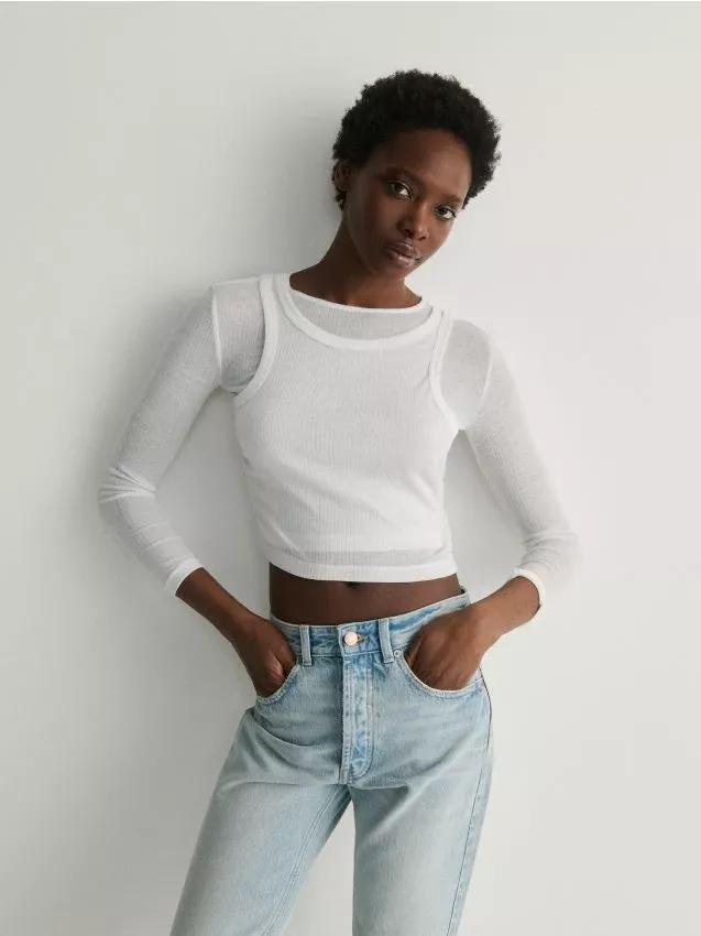 White Double-Layered Long Sleeve Top, , large image number 0