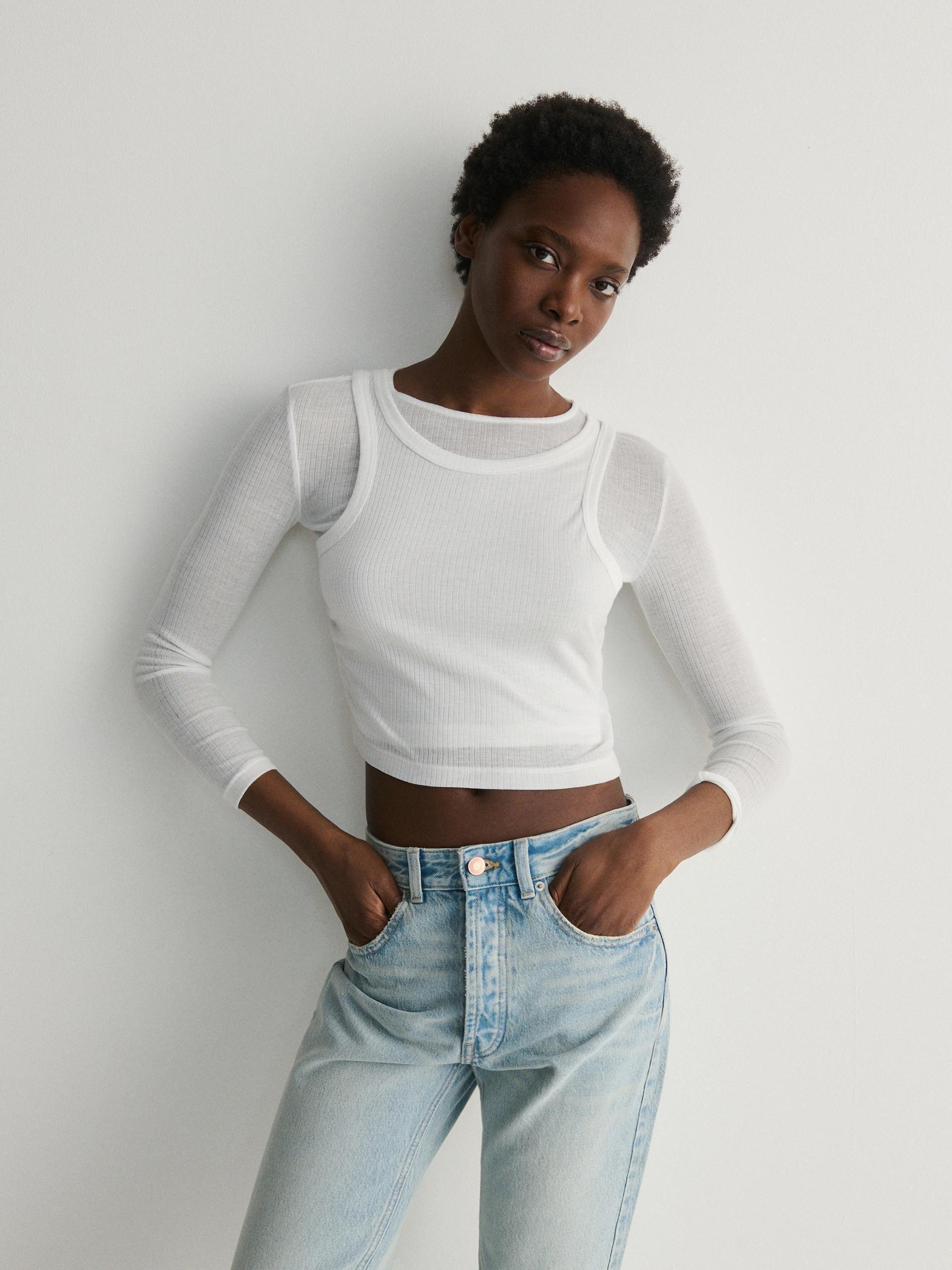 White Double-Layered Long Sleeve Top, , large image number 1