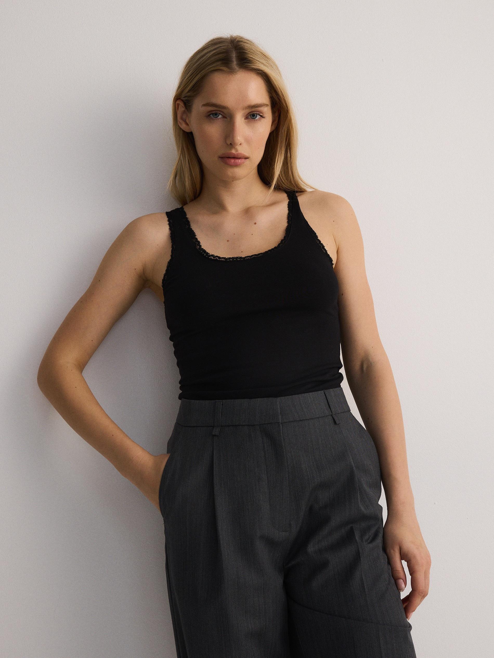 Black Cotton Top With Lace, , large image number 0