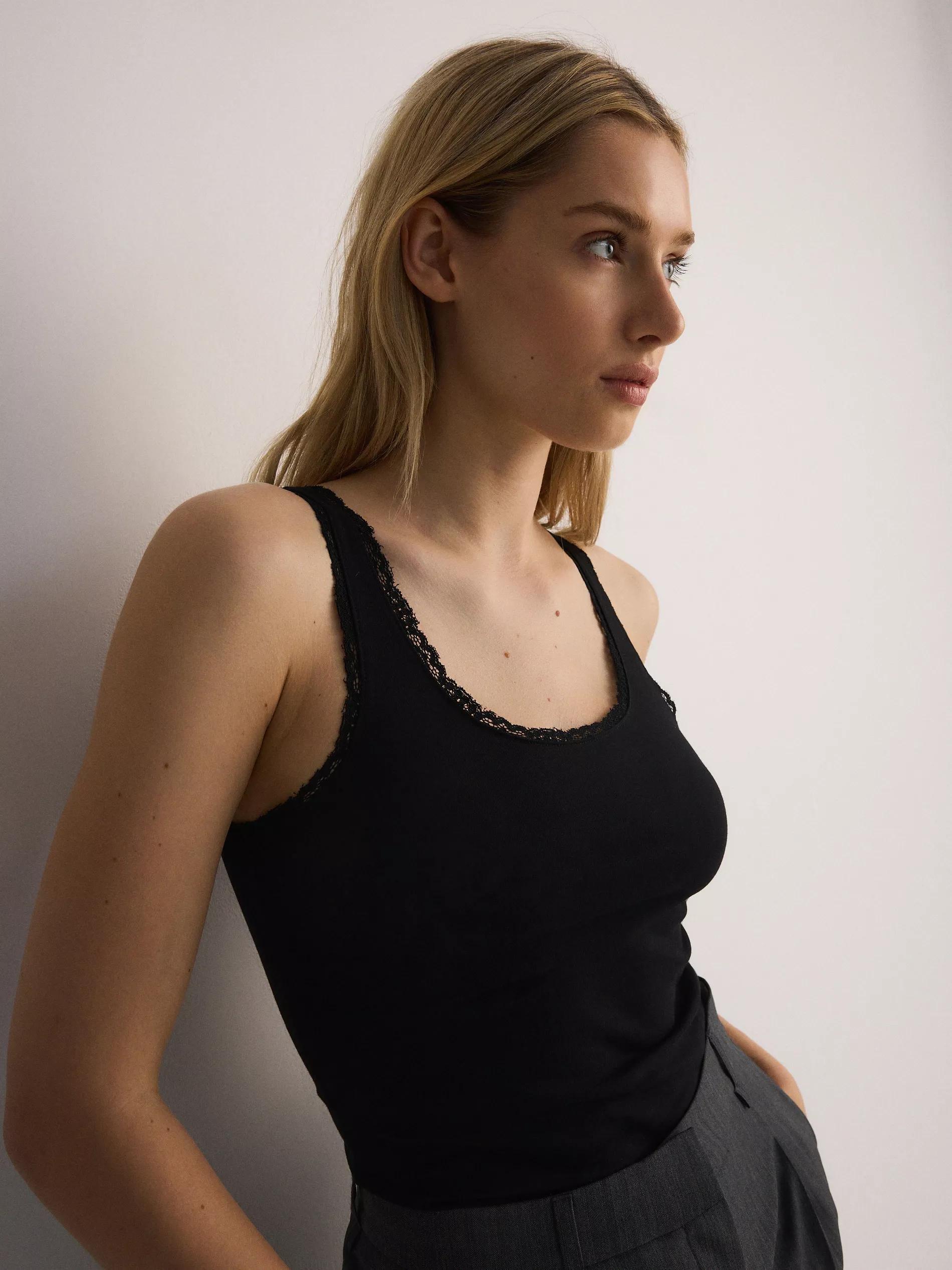 Black Cotton Top With Lace, Black, medium