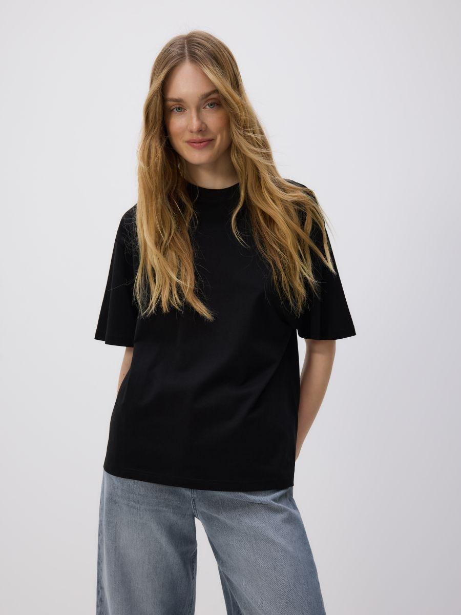 تيشيرت بقصة واسعة مع بنسبة قطن عالية أسود, Black, medium