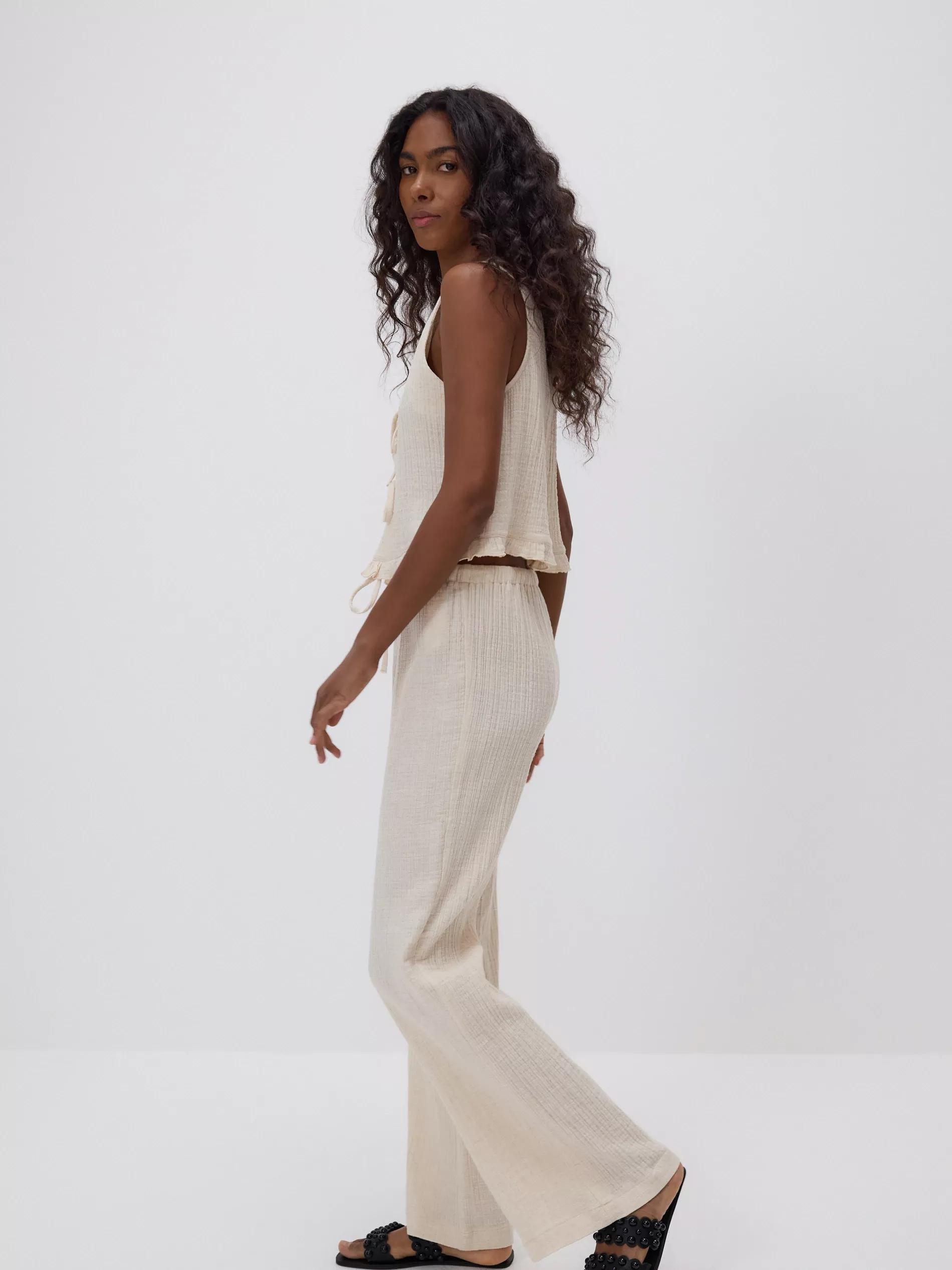 Beige Trousers With Linen Blend, Beige, large image number 3