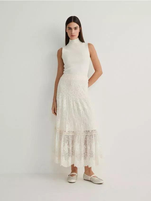 Cream Decorative Ruffle Maxi Skirt, , large image number 0