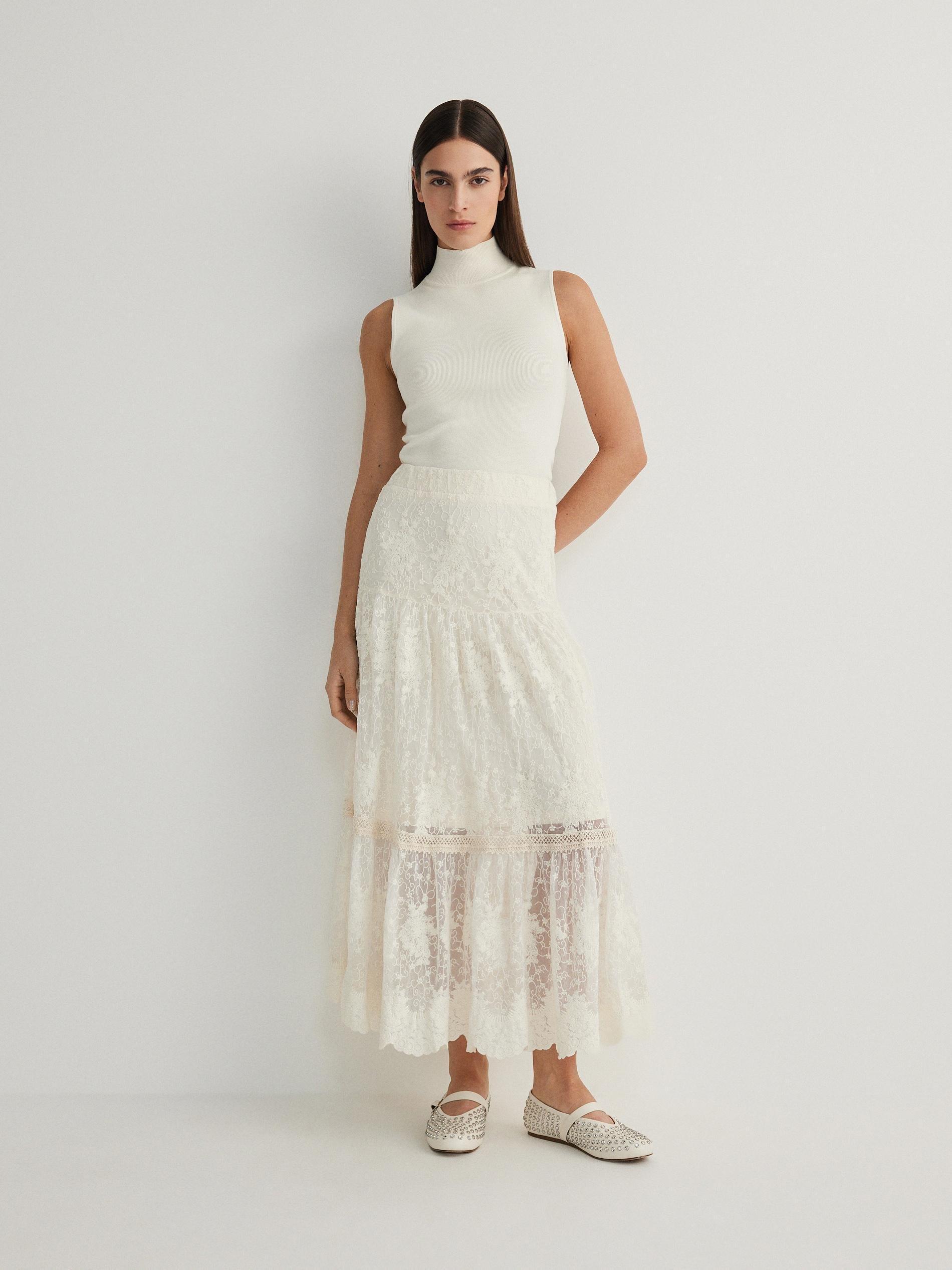 Cream Decorative Ruffle Maxi Skirt, , large image number 1
