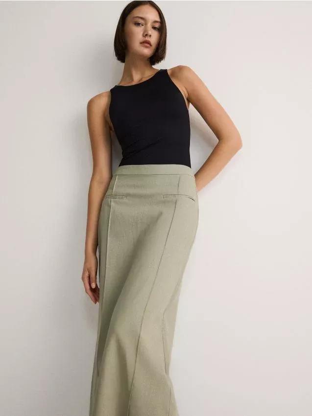 Green Linen Blend Midi Skirt, , large image number 0