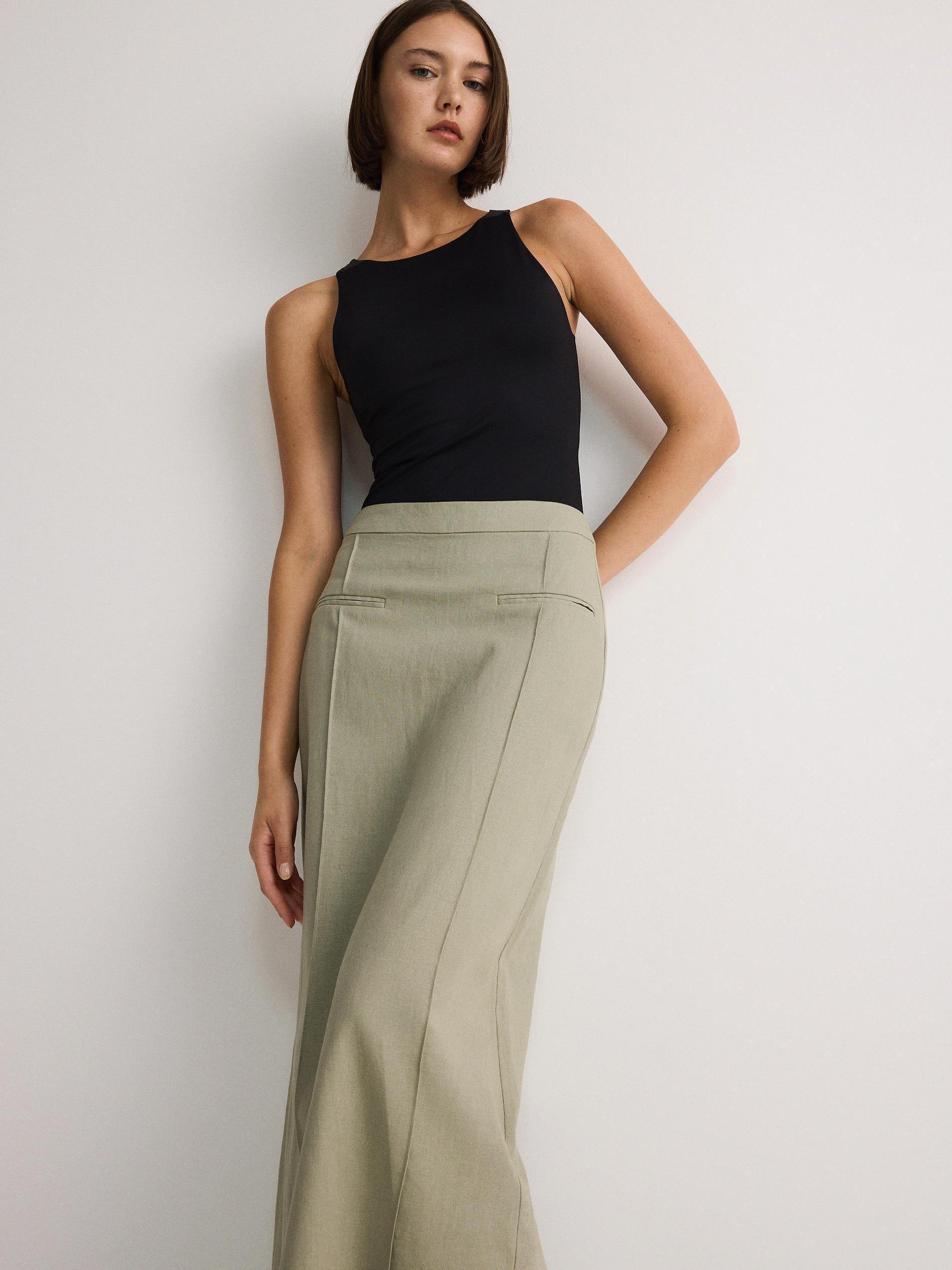 Green Linen Blend Midi Skirt, , large image number 1