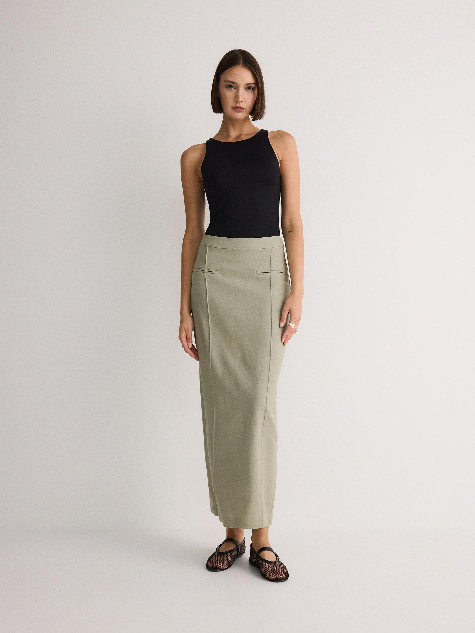 Green Linen Blend Midi Skirt, , large image number 2