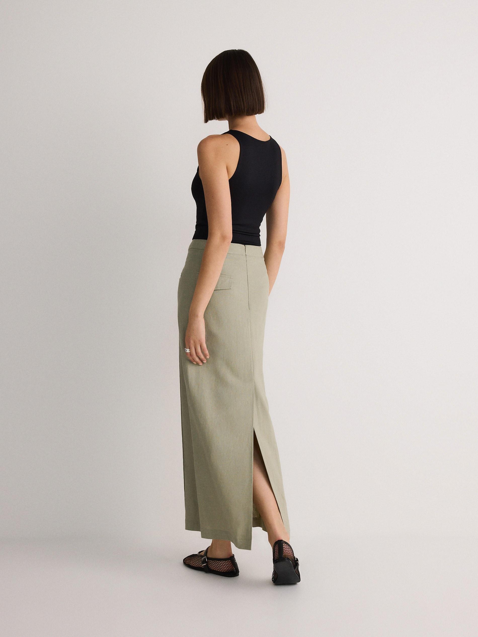 Green Linen Blend Midi Skirt, , large image number 3