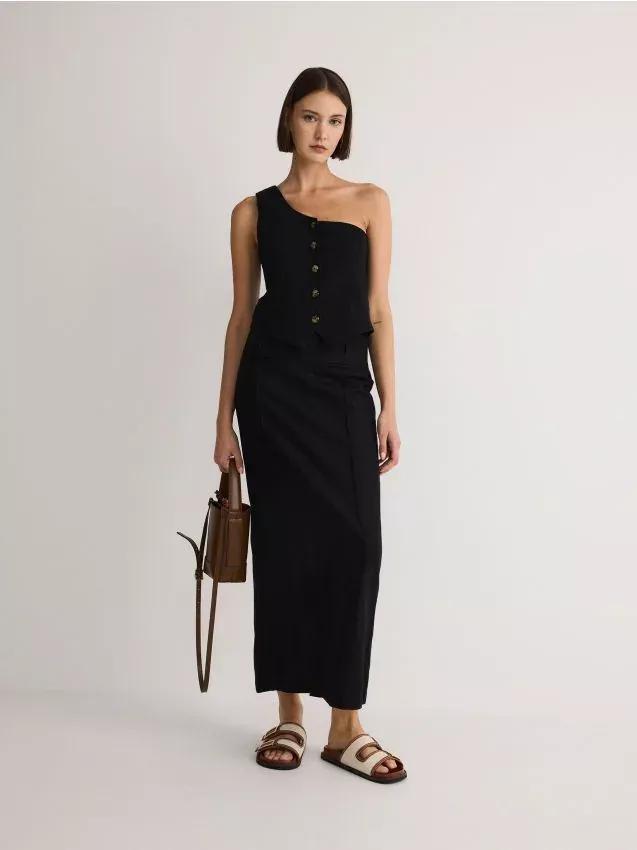 Black Linen Blend Midi Skirt, , medium