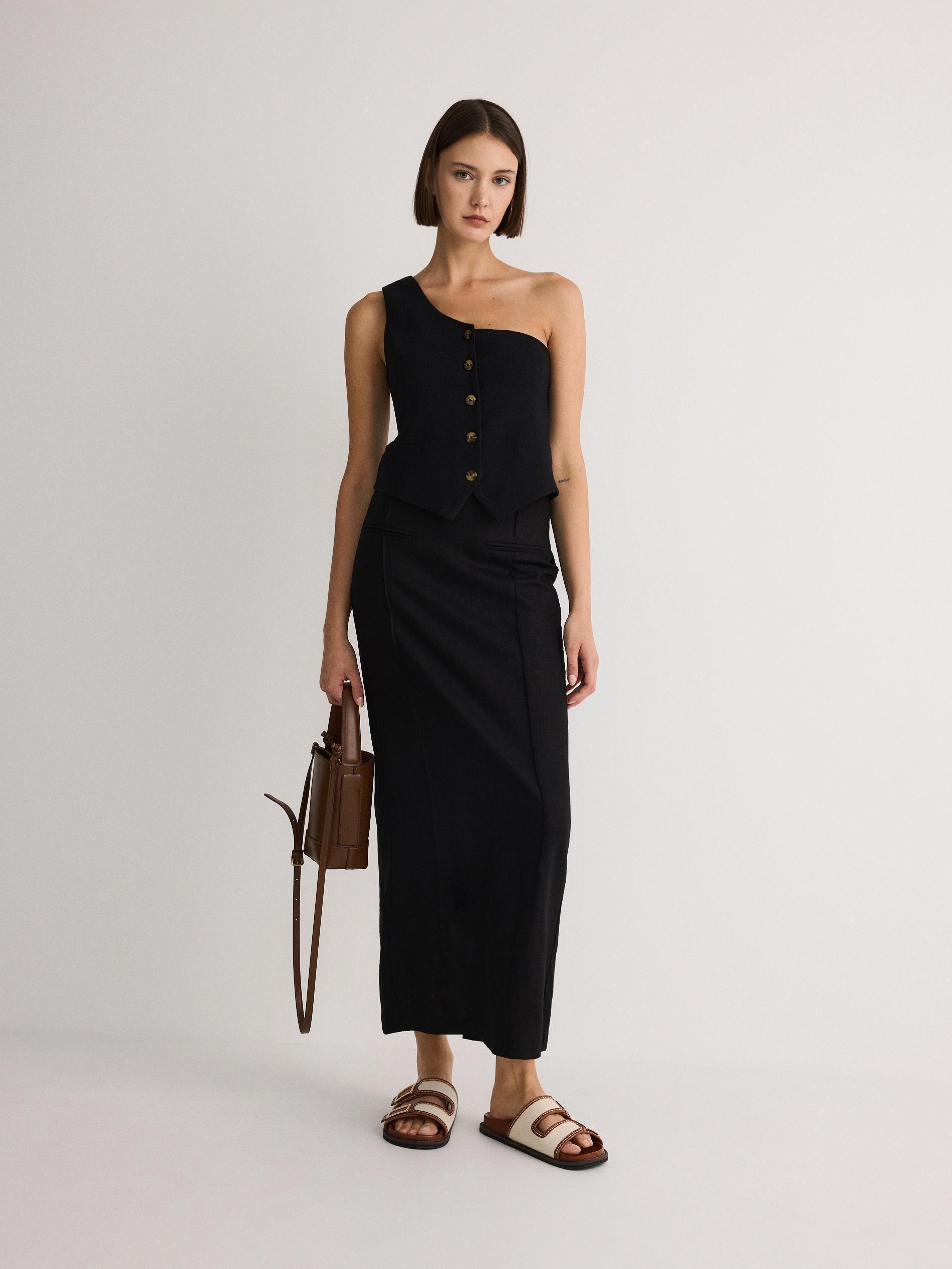 Black Linen Blend Midi Skirt, , large image number 1