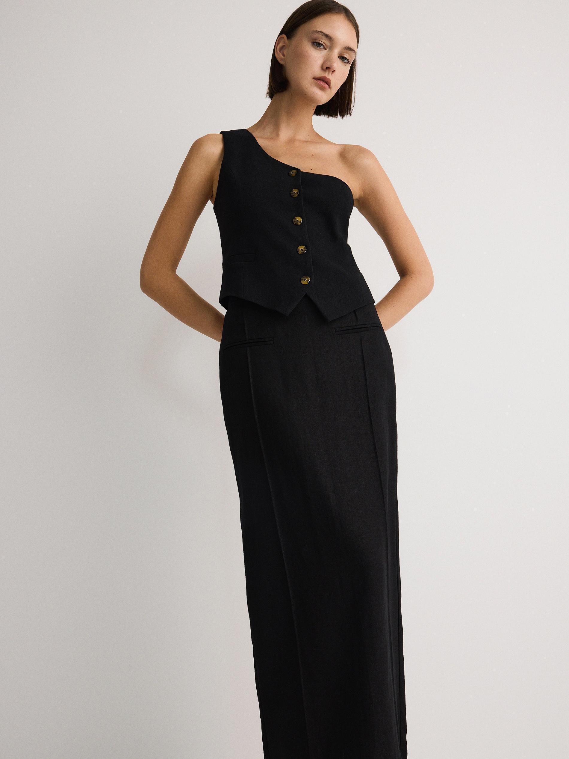 Black Linen Blend Midi Skirt, , large image number 2
