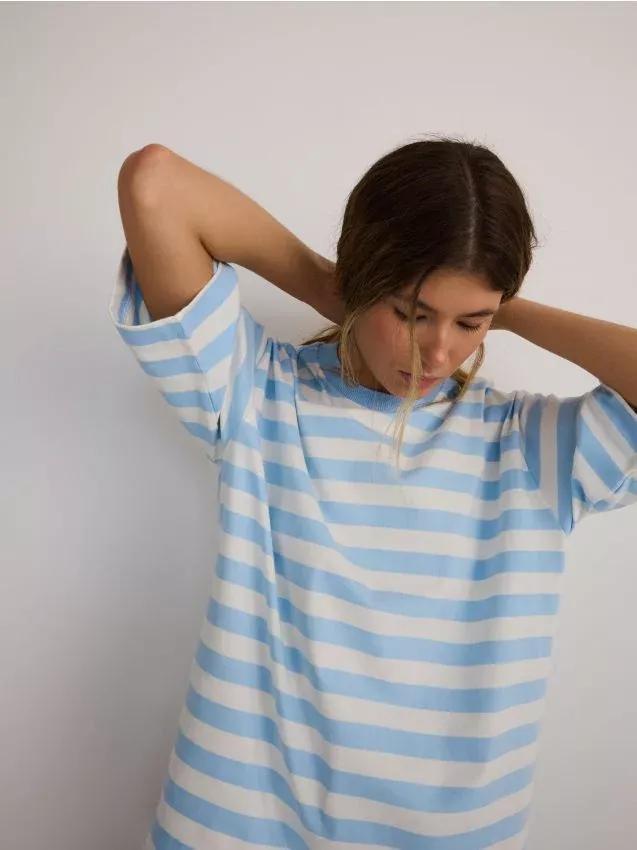 Blue Oversized Striped T-Shirt, , medium