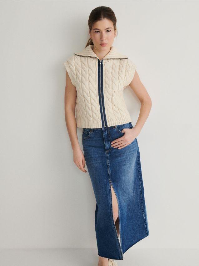 Cream High Turtleneck Cable Knit Vest, , large image number 0