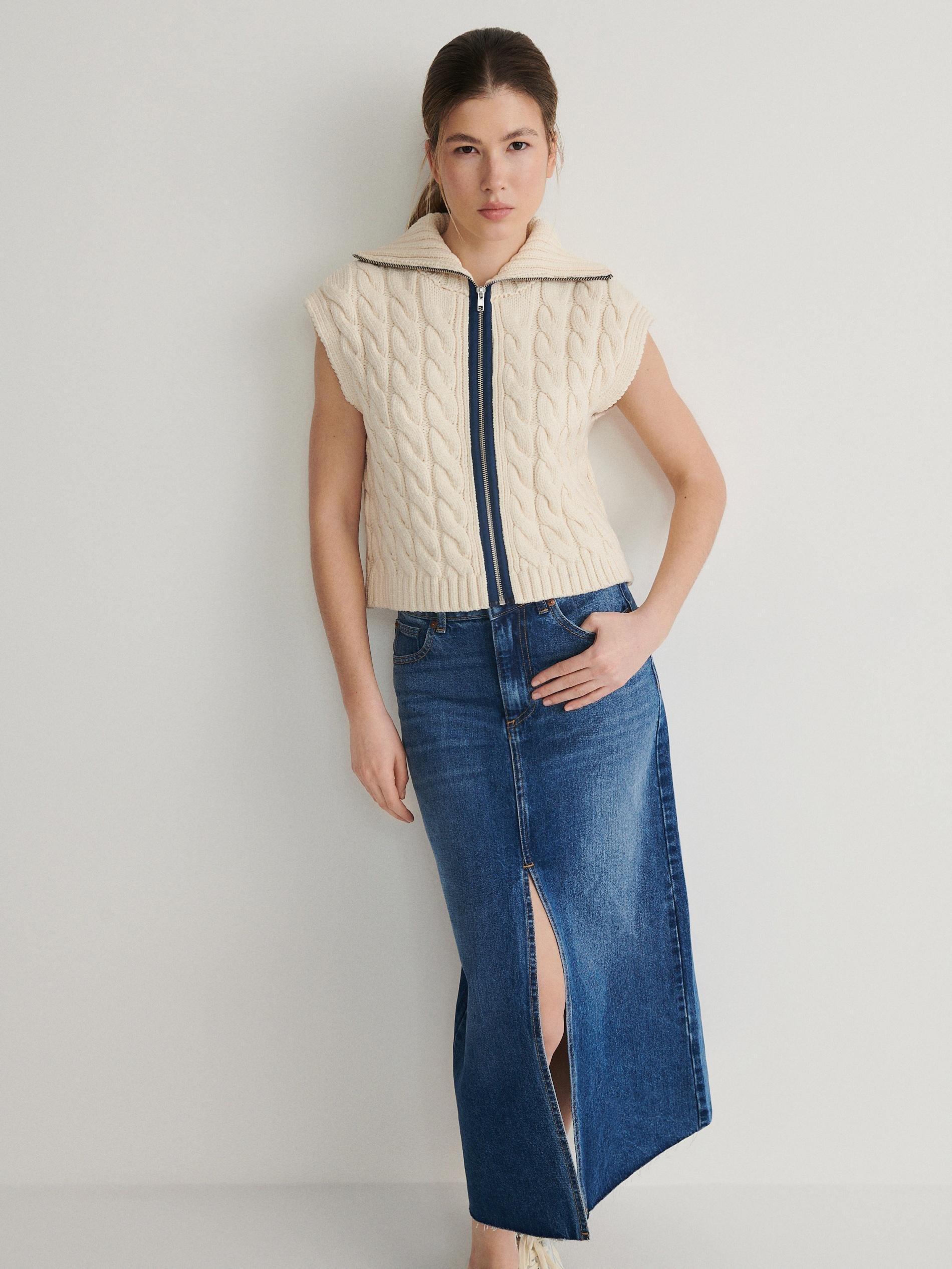Cream High Turtleneck Cable Knit Vest, , large image number 1