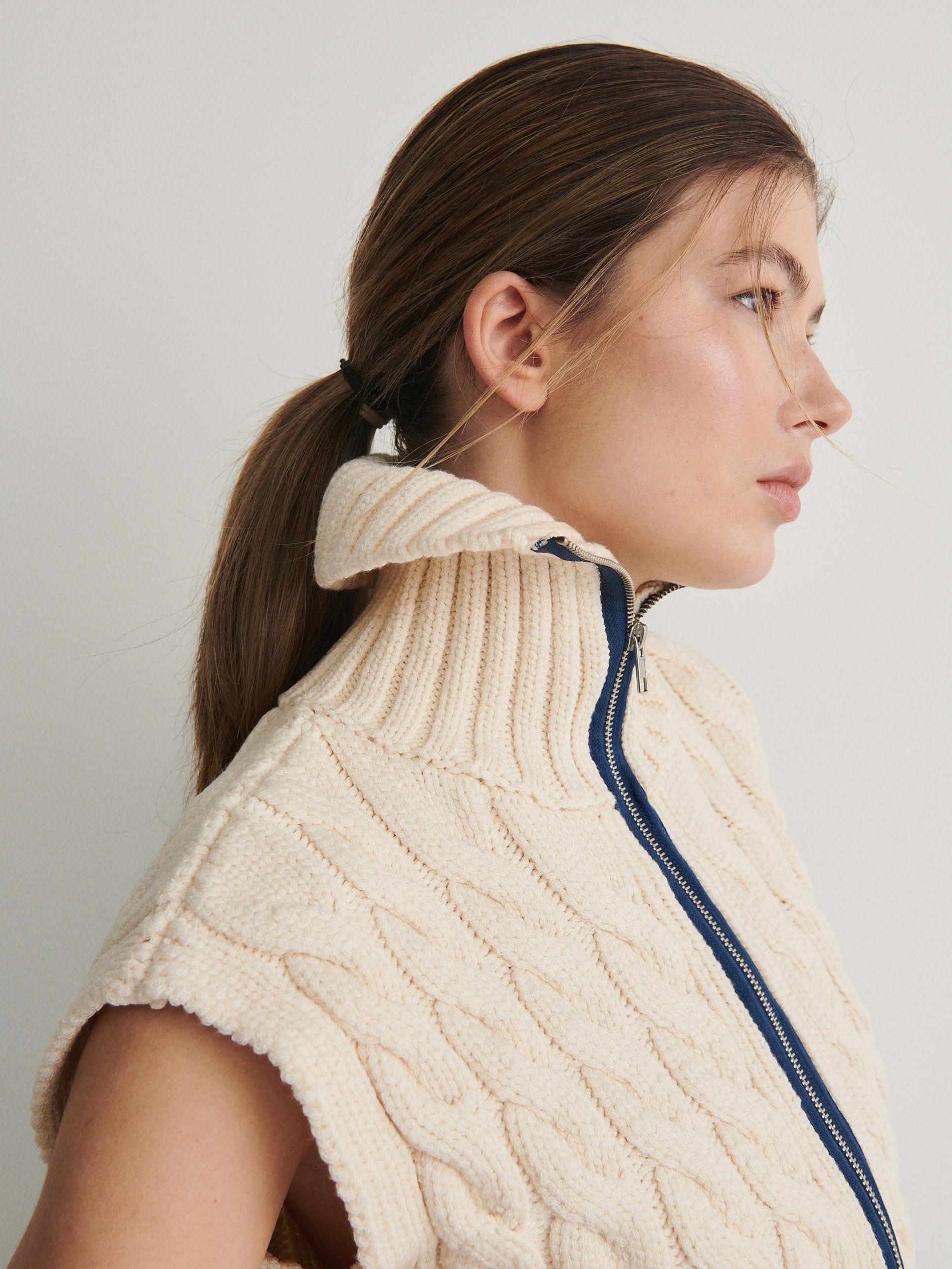 Cream High Turtleneck Cable Knit Vest, , large image number 2