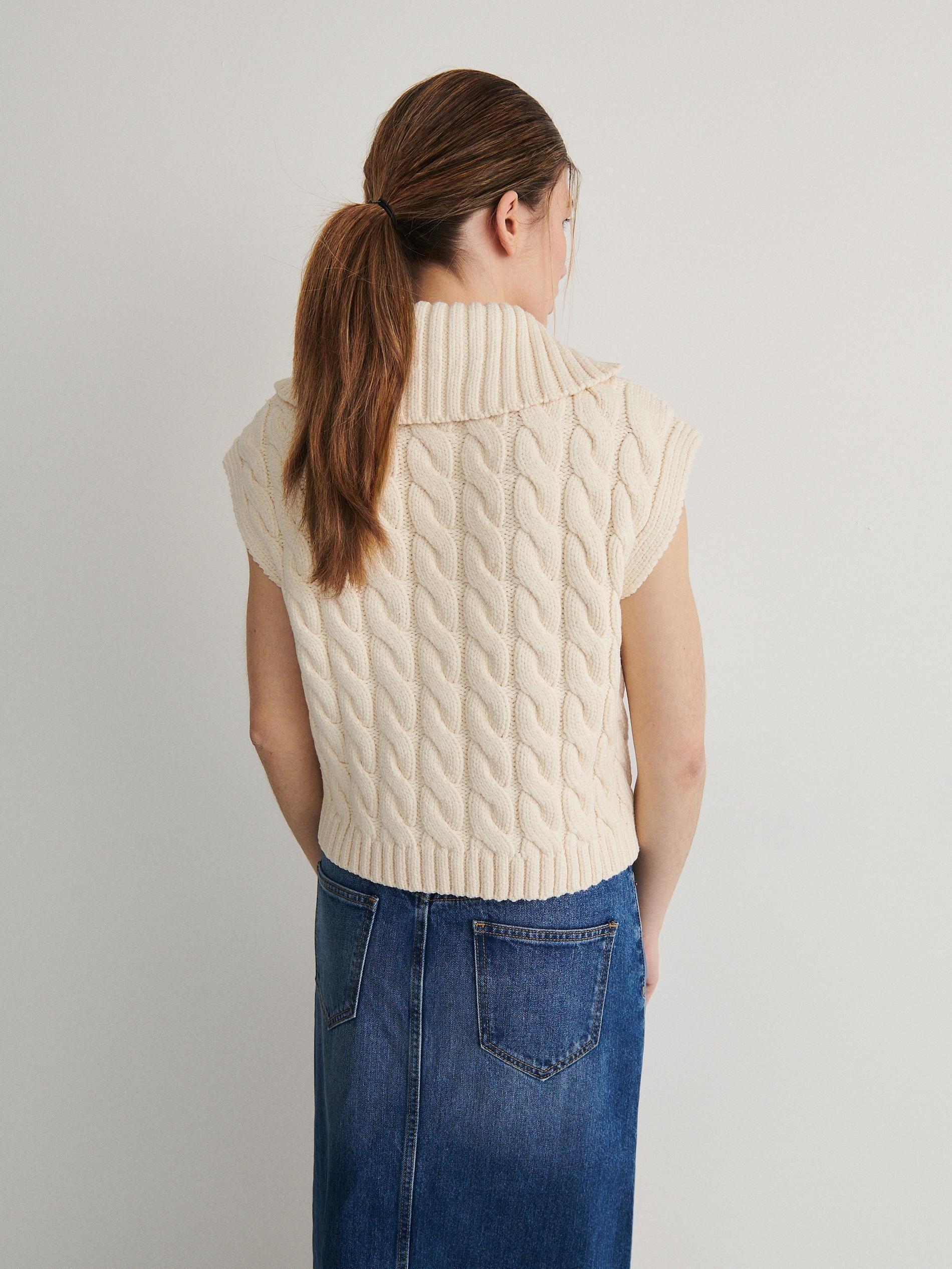 Cream High Turtleneck Cable Knit Vest, , large image number 3