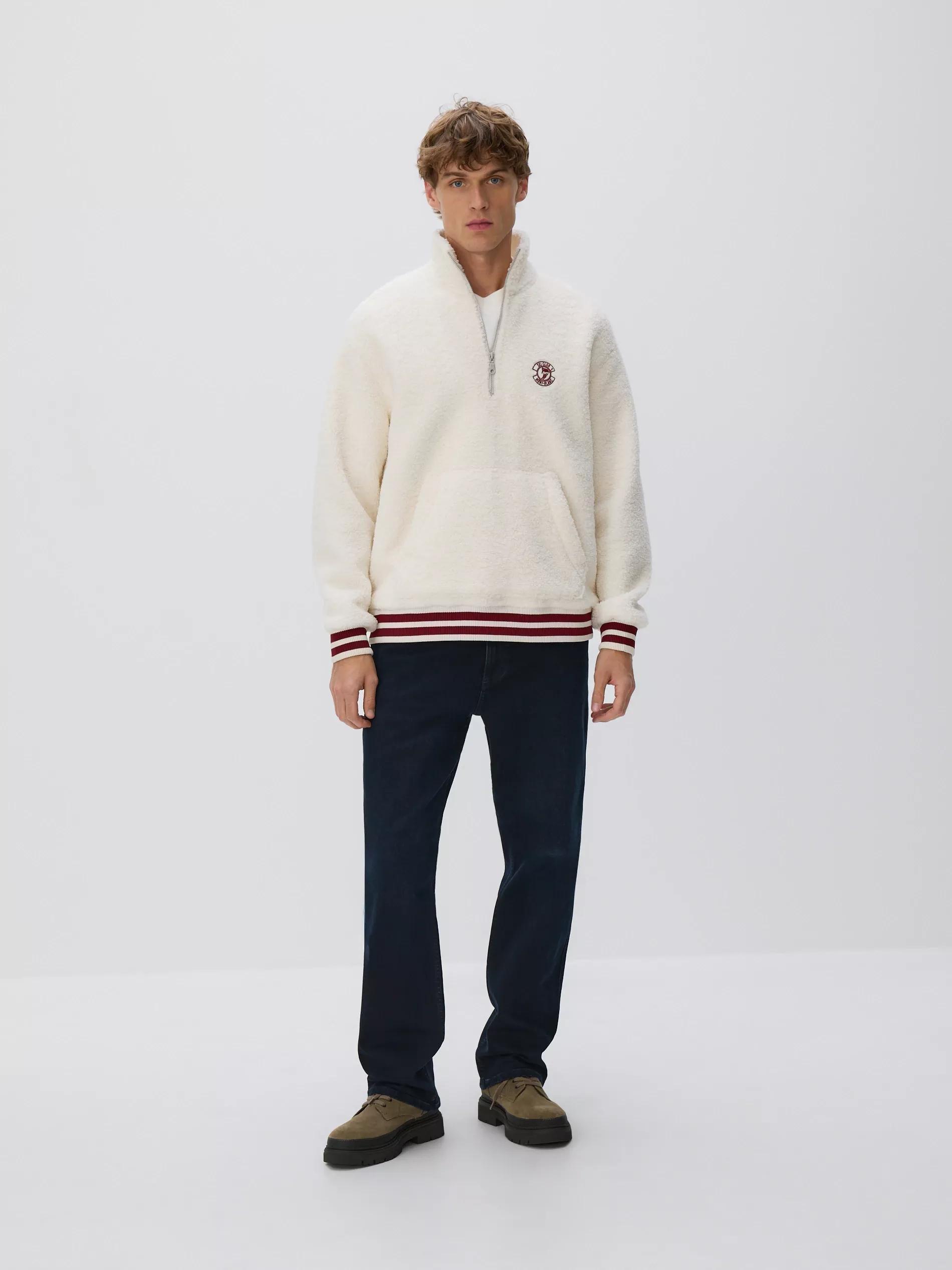 Cream Fleece Sweatshirt With Stand Up Collar, Ivory, large image number 1