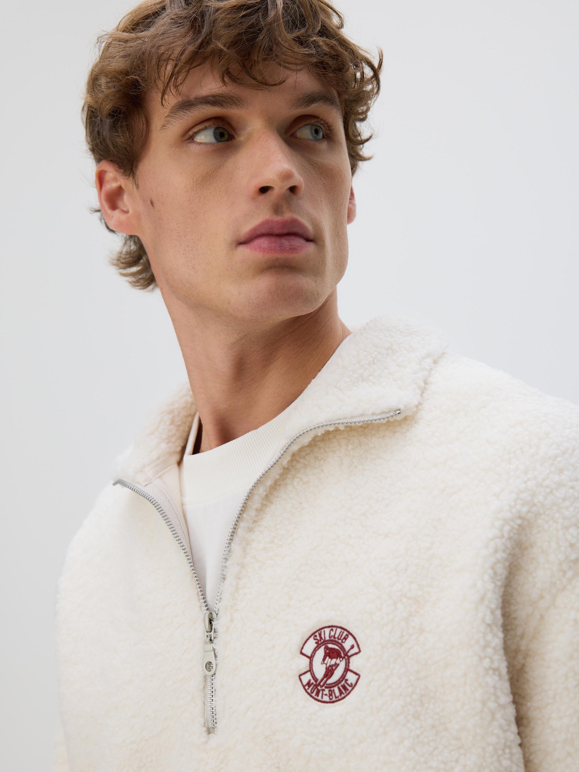 Cream Fleece Sweatshirt With Stand Up Collar, Ivory, large image number 2