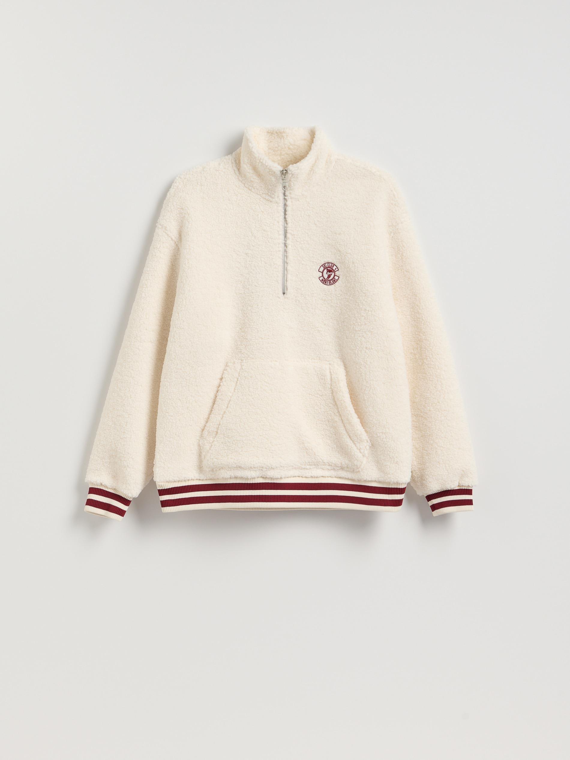 Cream Fleece Sweatshirt With Stand Up Collar, Ivory, large image number 4