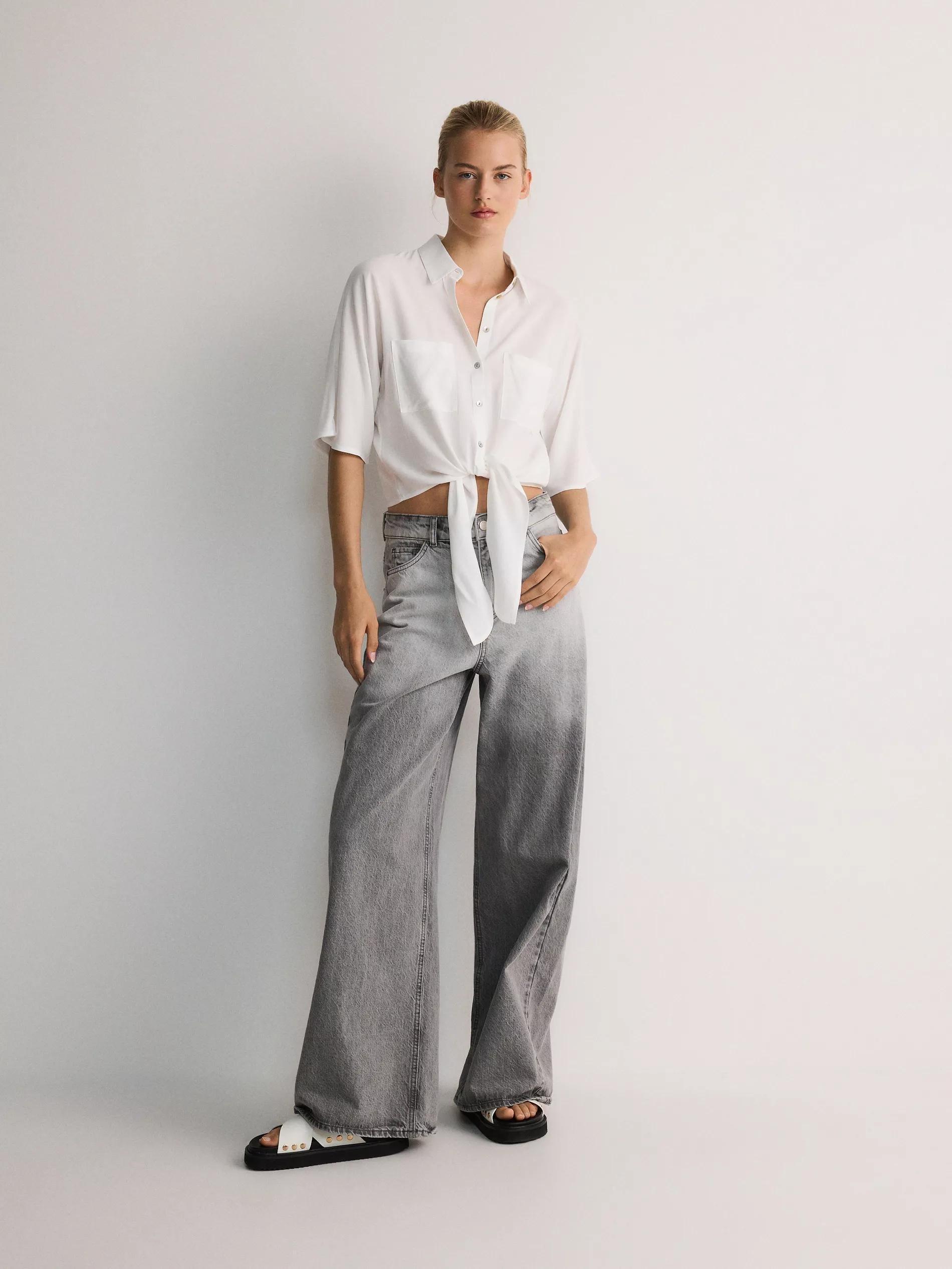 Cream Cropped Shirt With Tie Detail, , large image number 2