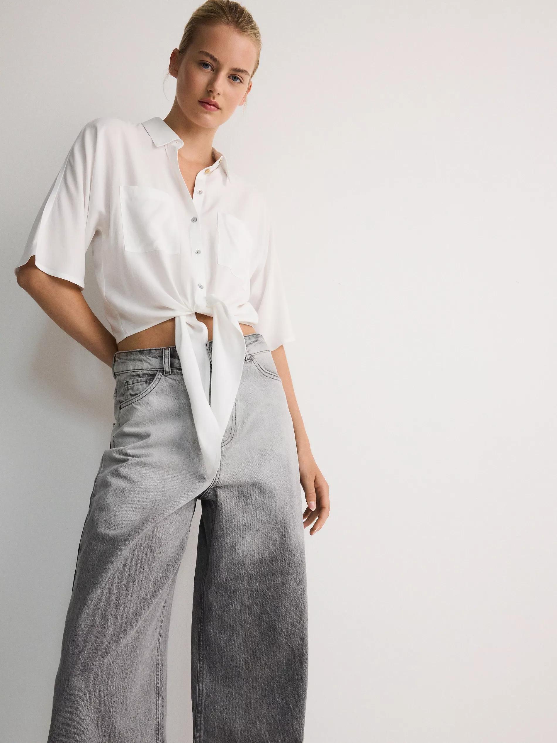Cream Cropped Shirt With Tie Detail, , large image number 5