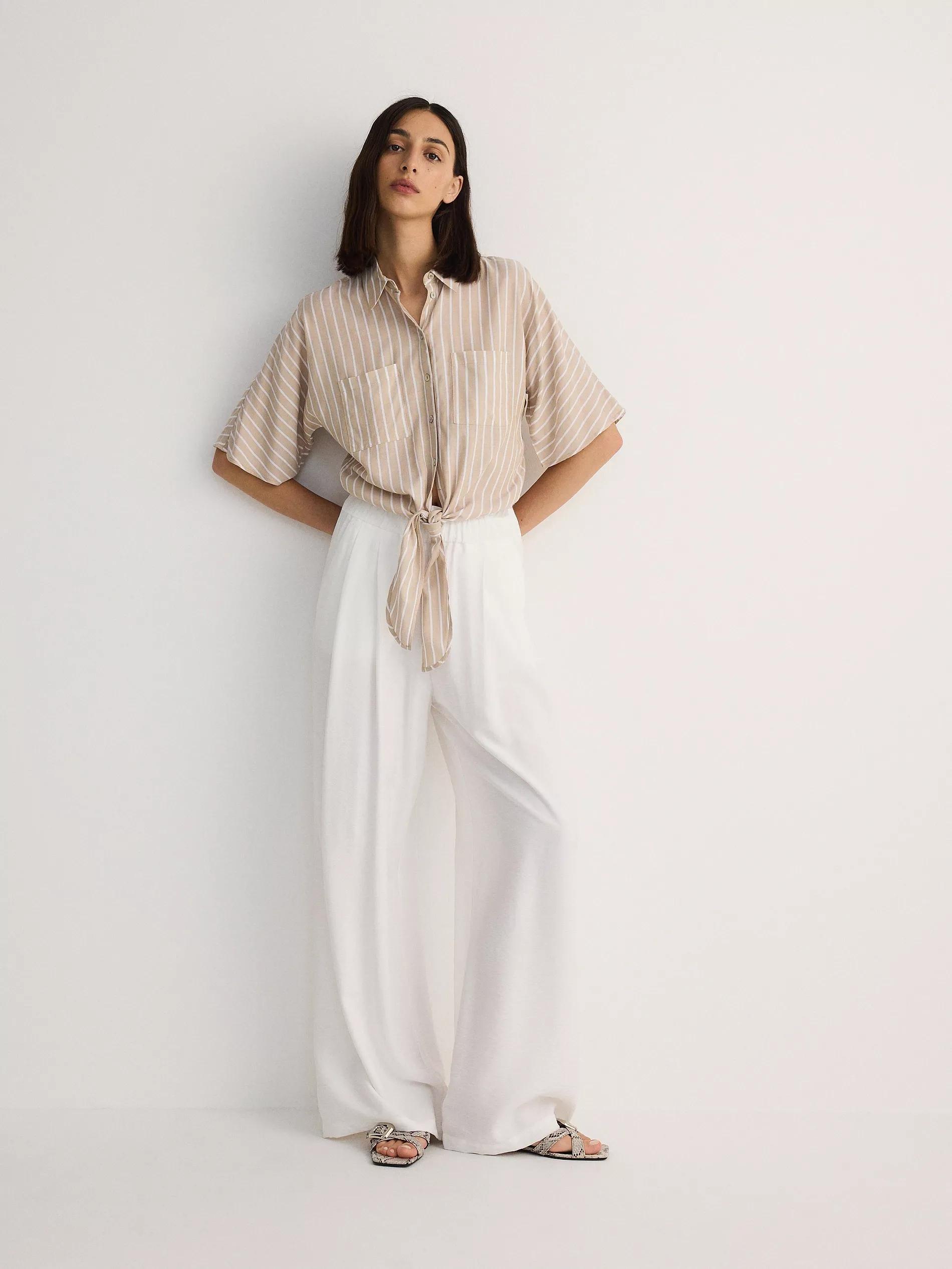 Beige Cropped Shirt With Tie Detail, , large image number 2
