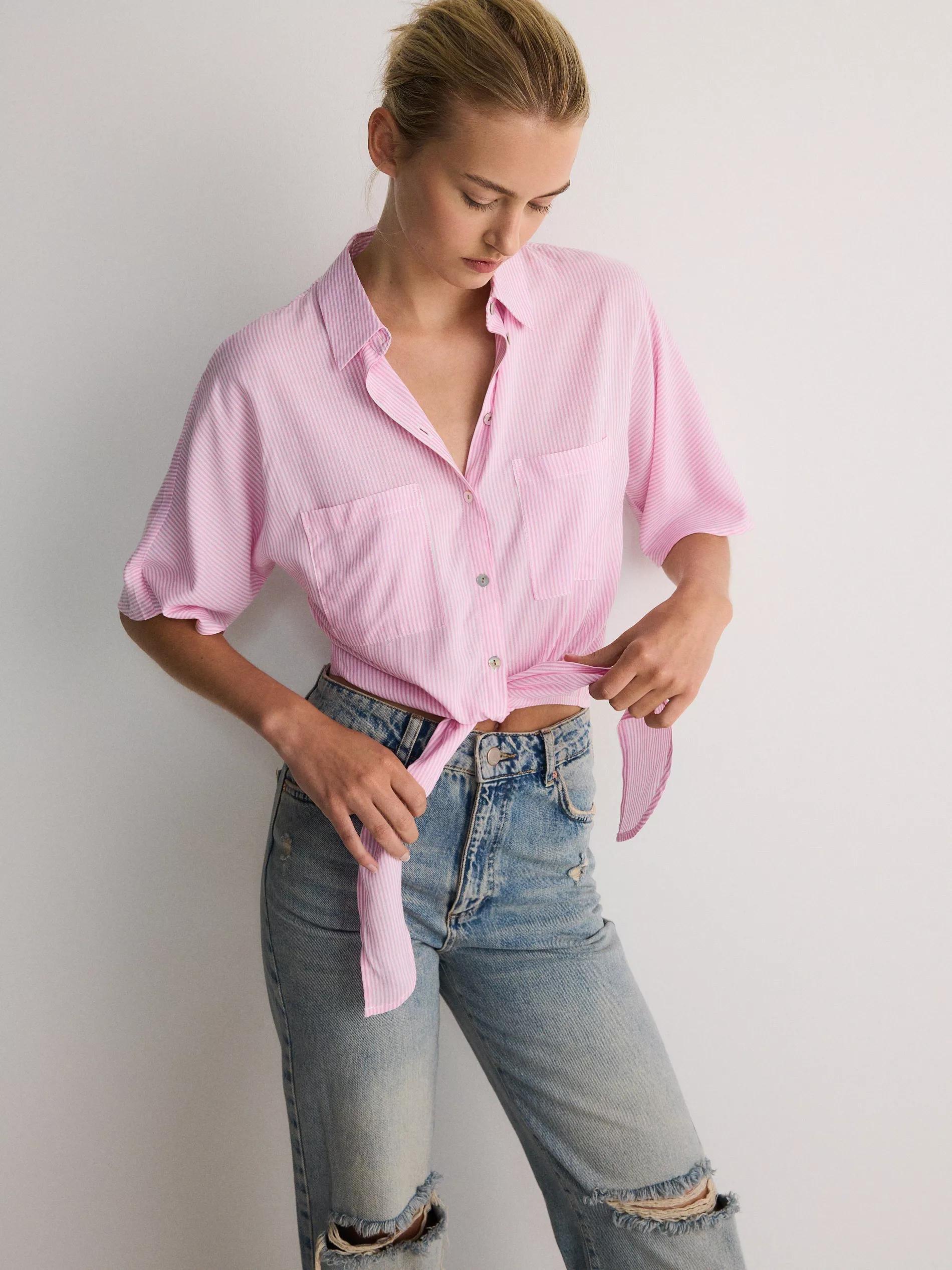 Pink Cropped Shirt With Tie Detail, , large image number 2