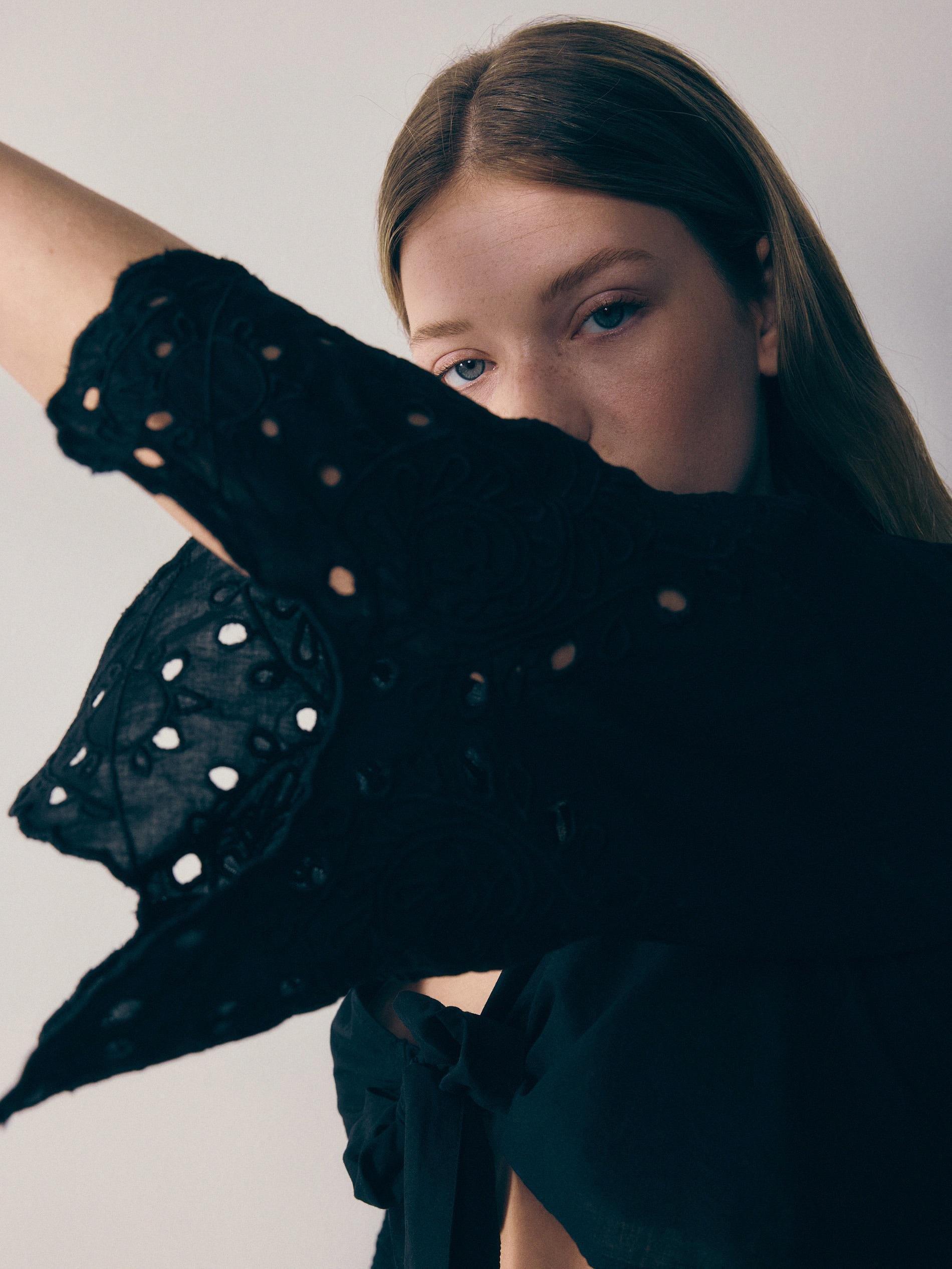 Black Cropped Tie Detail Shirt, , large image number 2