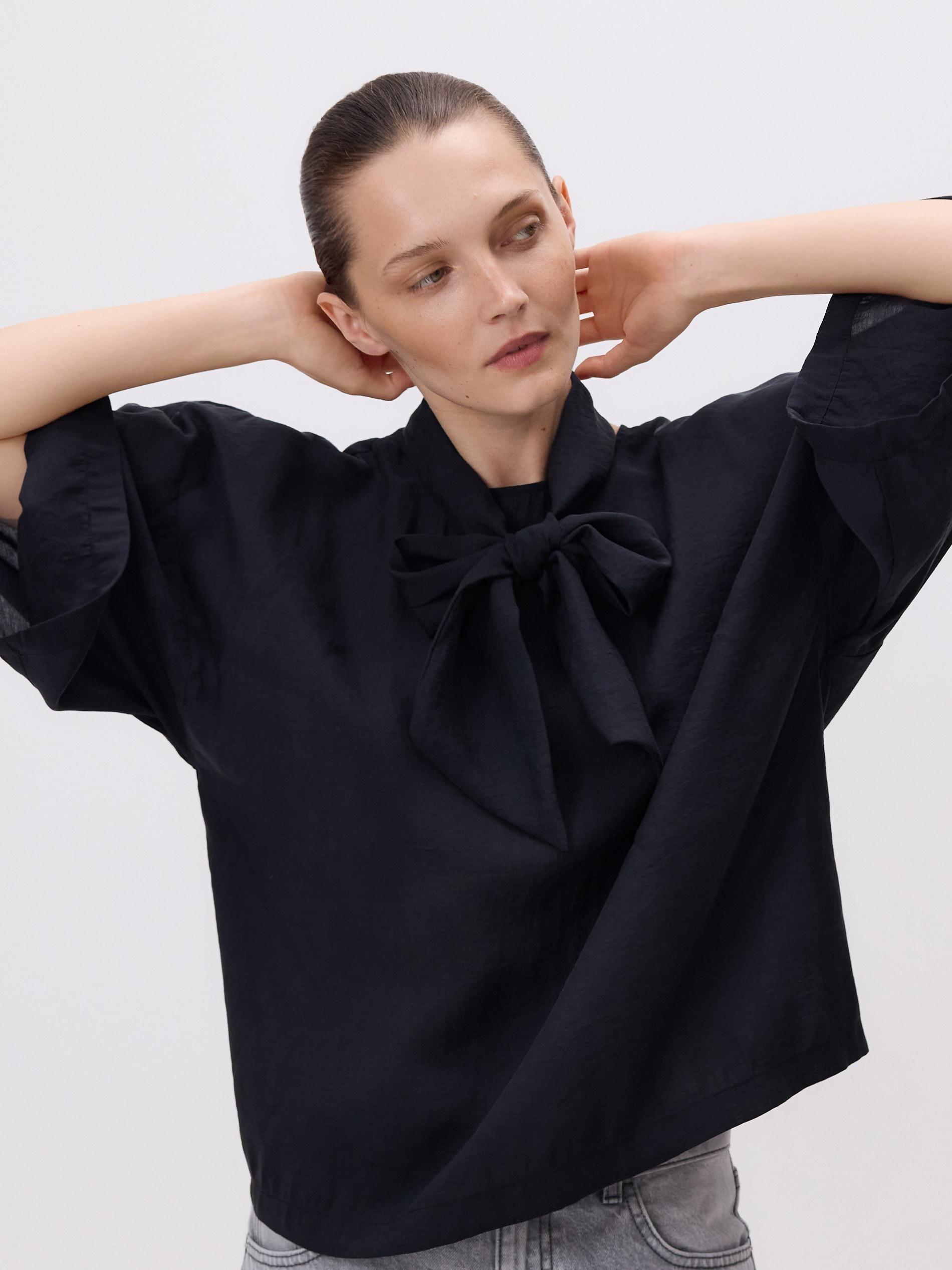 Black Blouse With Tie Details, , large image number 1
