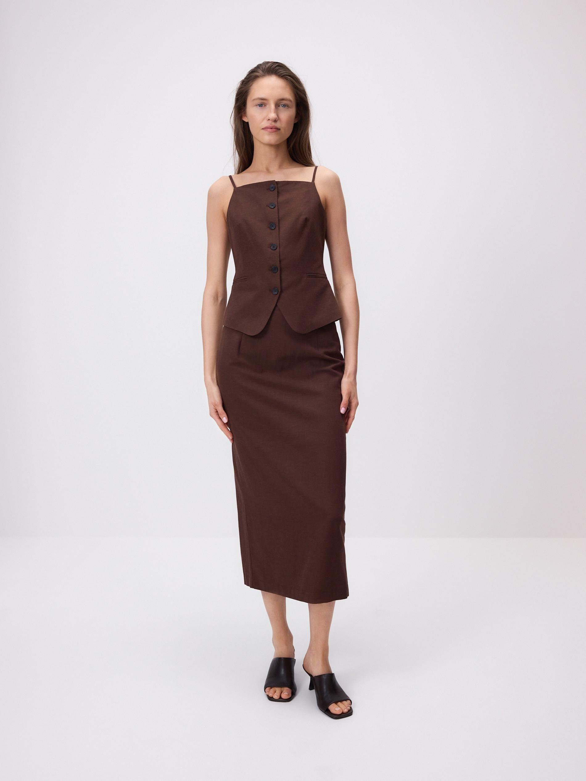 Brown Viscose Blend Midi Skirt, Brown, large image number 0