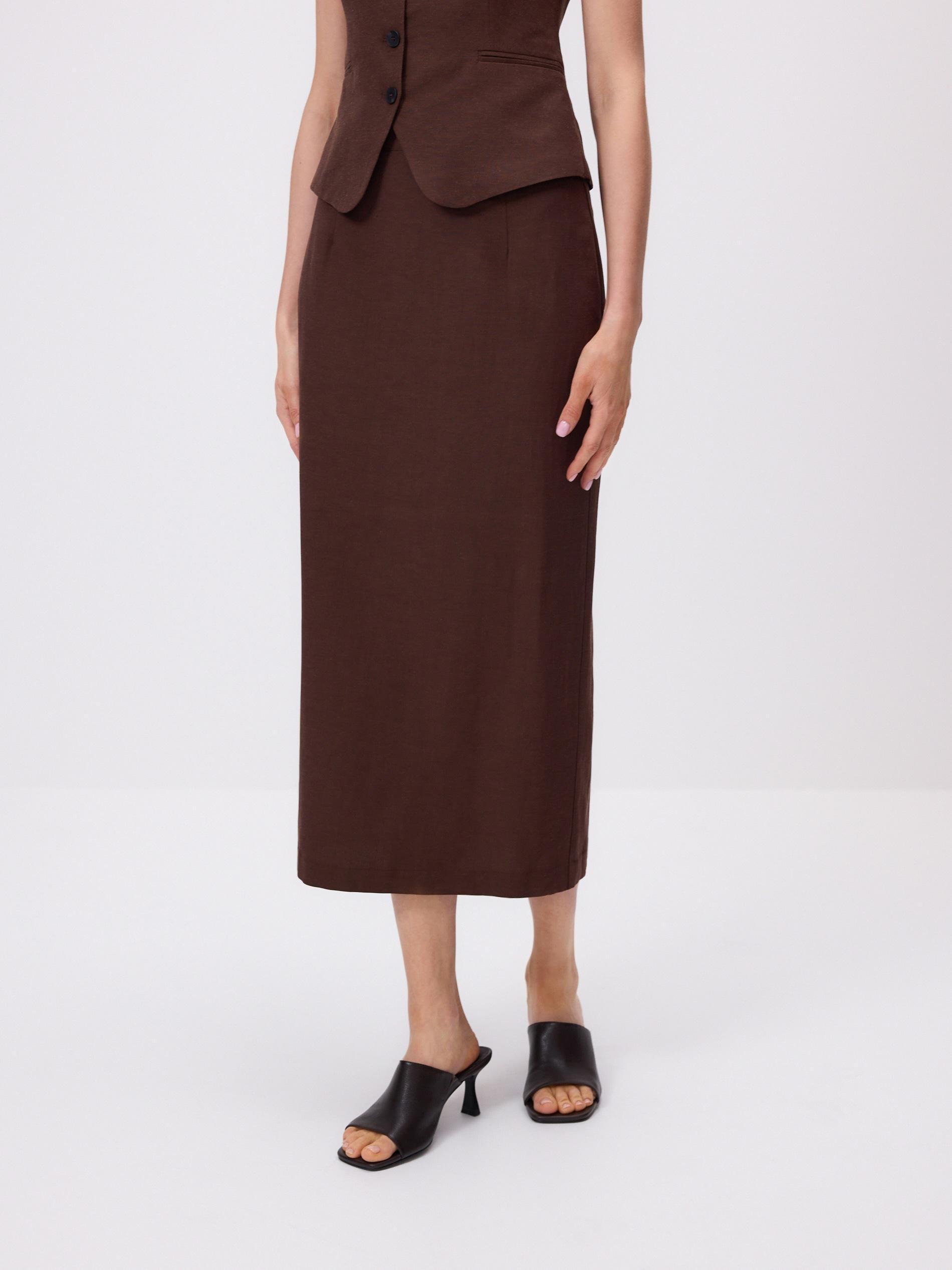 Brown Viscose Blend Midi Skirt, Brown, large image number 1