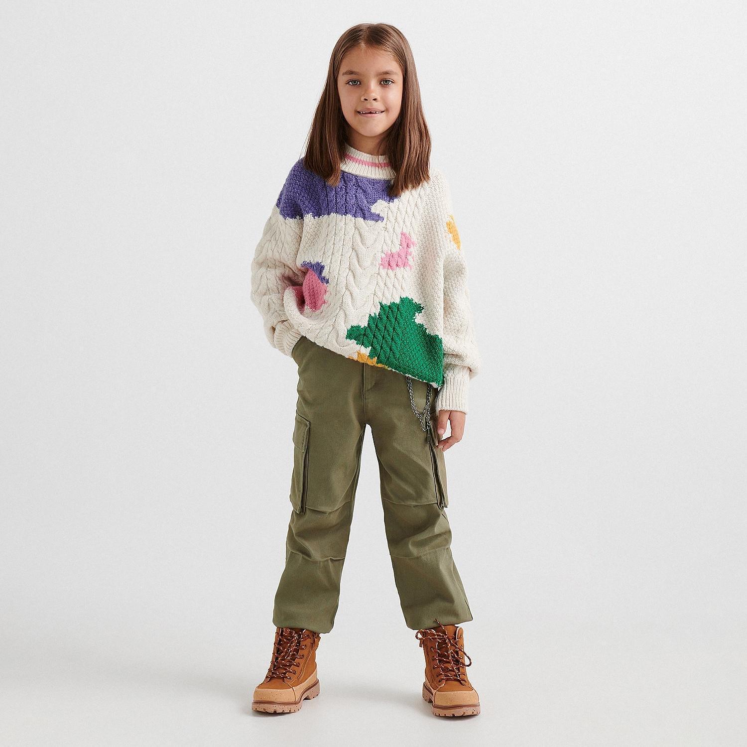 Khaki Cargo Trousers With Chain Detail, Kids Girls, , large image number 0